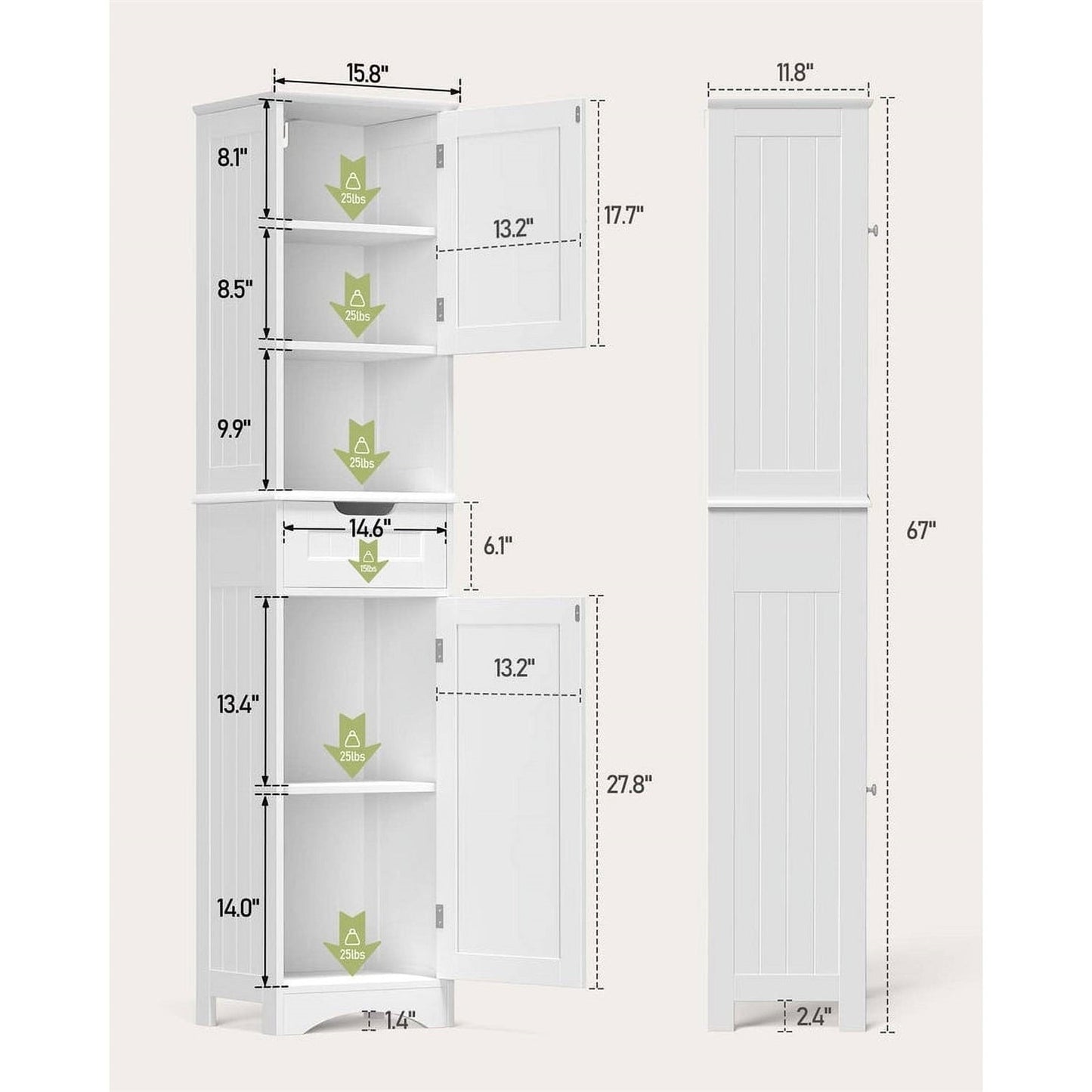 Mueble de baño tipo torre blanco con 2 puertas, cajón de almacenamiento y estante