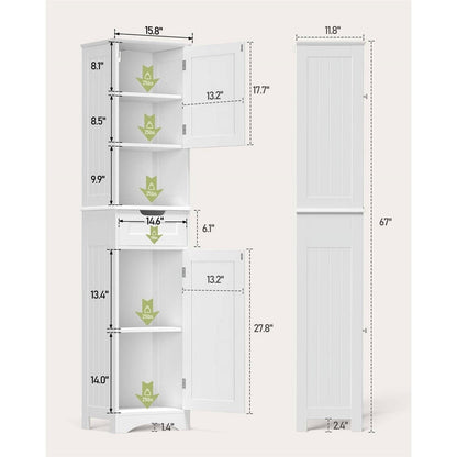 Mueble de baño tipo torre blanco con 2 puertas, cajón de almacenamiento y estante