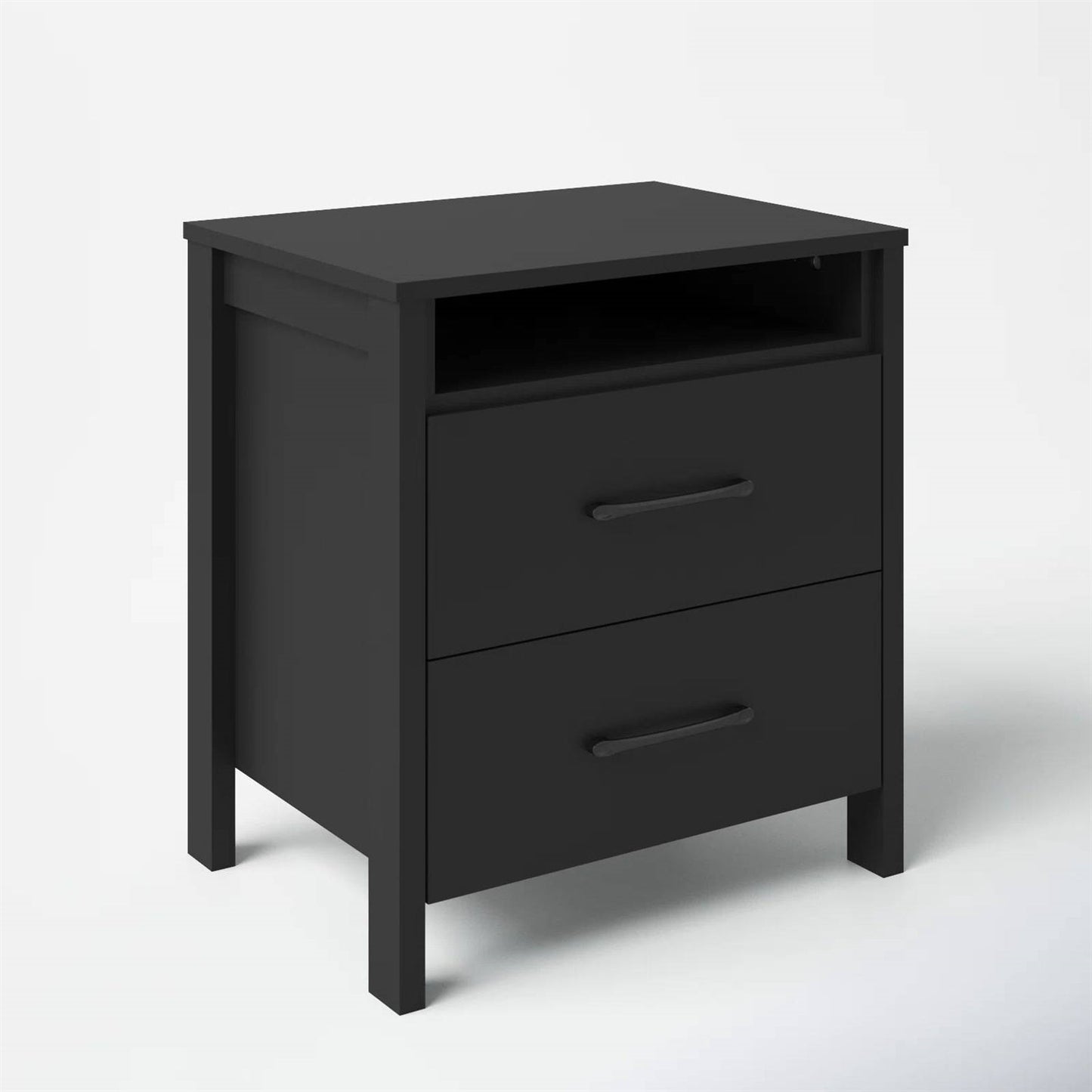 Mesita de noche moderna con 2 cajones, acabado en madera negra