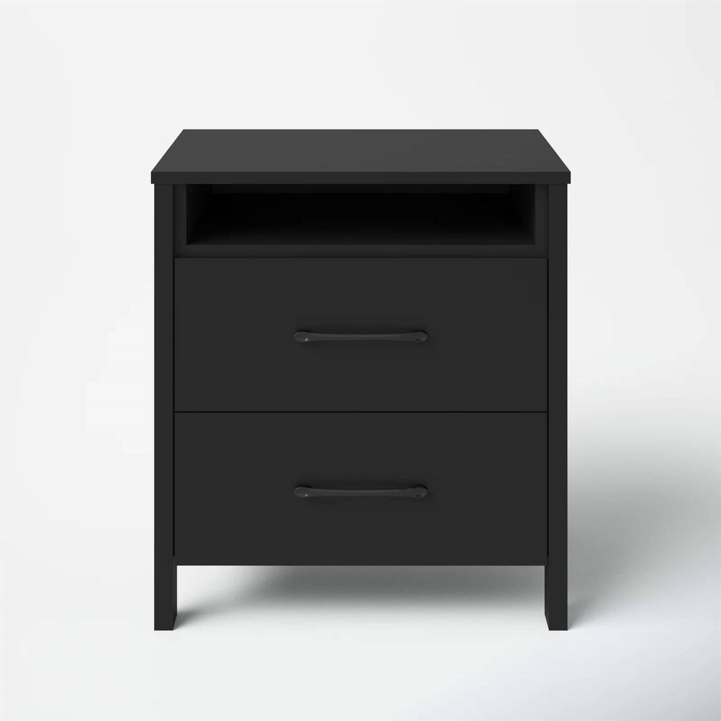 Mesita de noche moderna con 2 cajones, acabado en madera negra