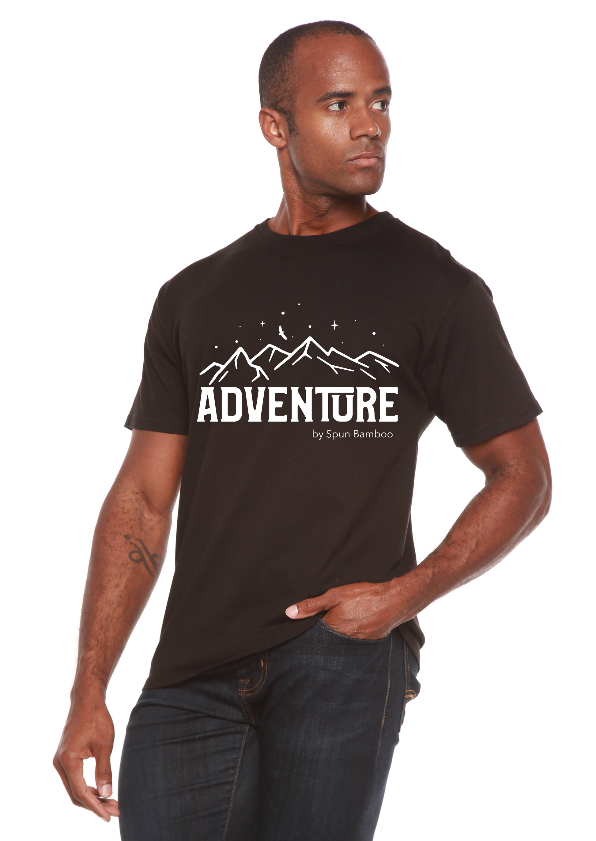 Adventure printed men's bamboo viscose/organic cotton short sleeve tee in black by Spun Bamboo on Tampa Home & Garden Store