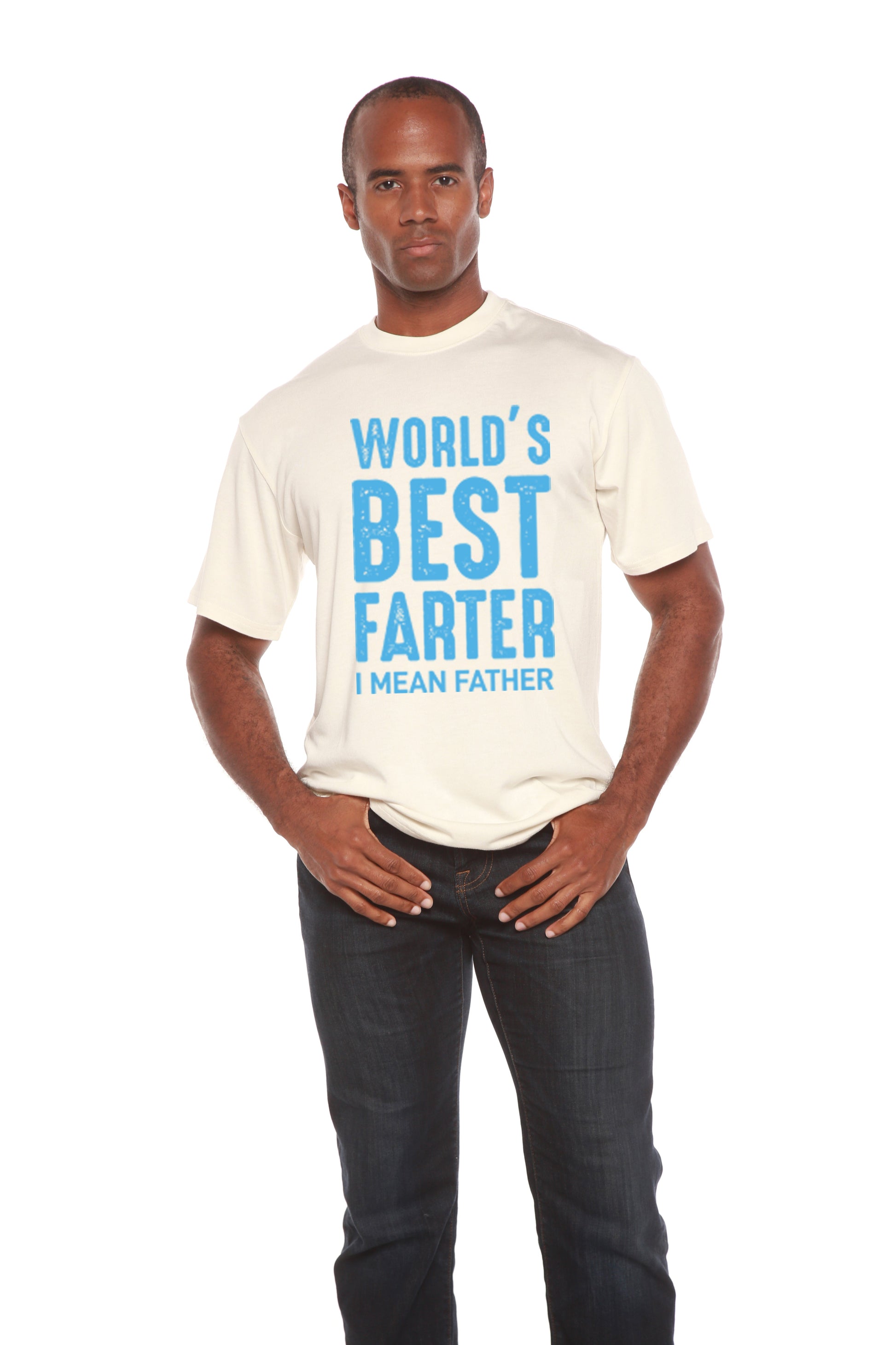 World's Best Farter men's bamboo tee in cream with bold blue print Spun Bamboo on Tampa Home & Garden Store
