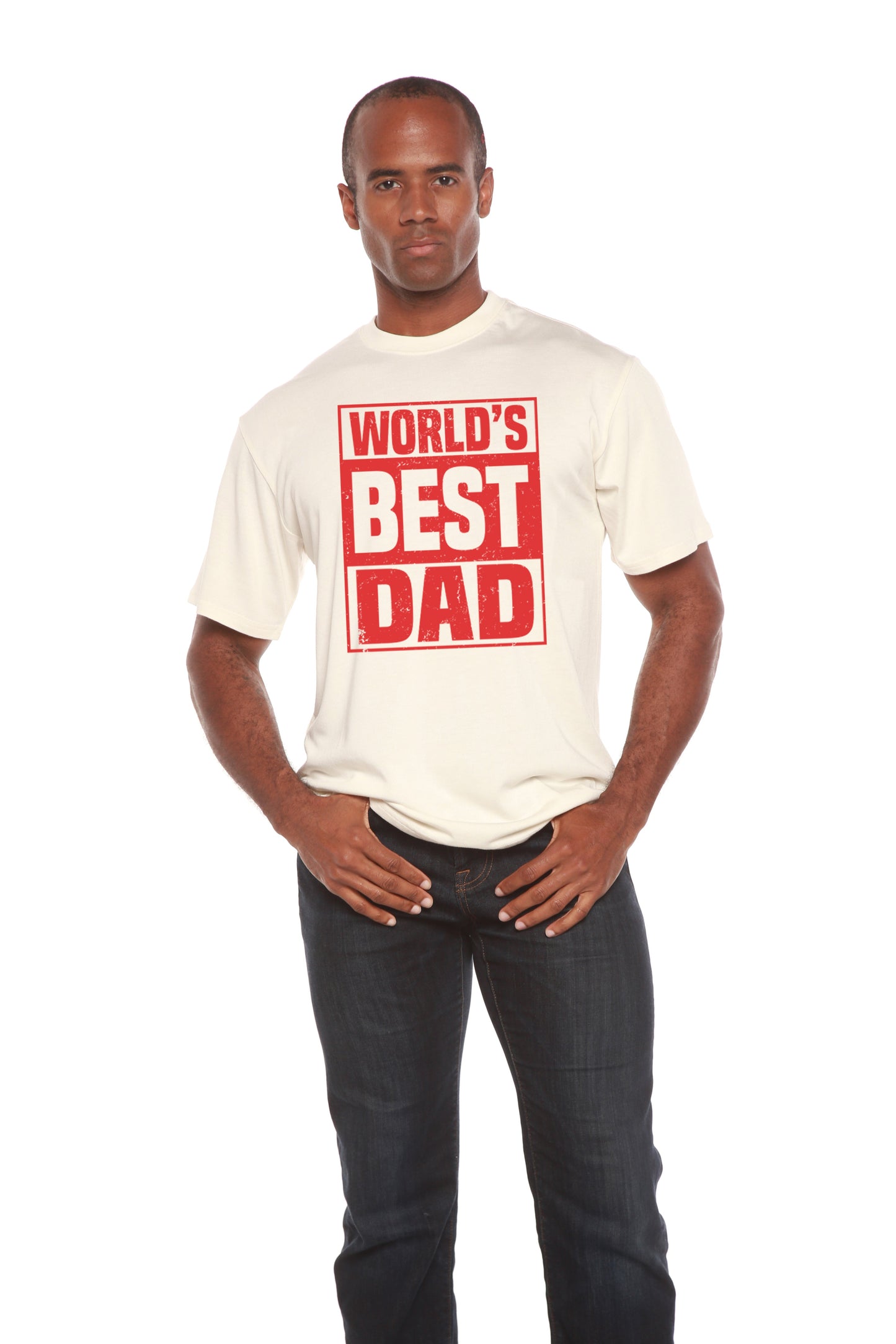 World's Best Dad men's graphic T-shirt in cream with bold red distressed print on Tampa Home & Garden Store
