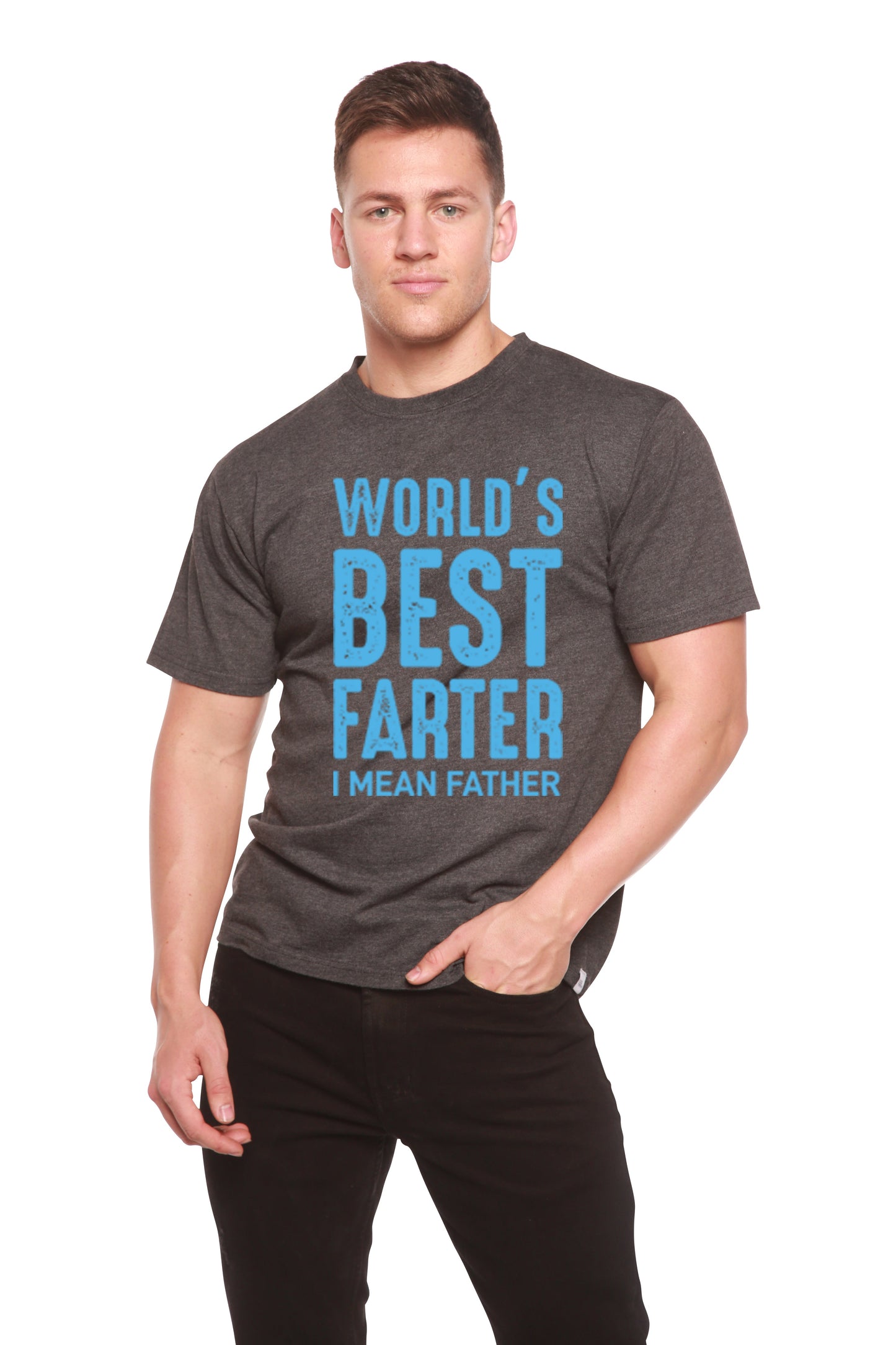 World's Best Farter men's bamboo viscose/organic cotton graphic tee in charcoal blue print on Tampa Home & Garden Store