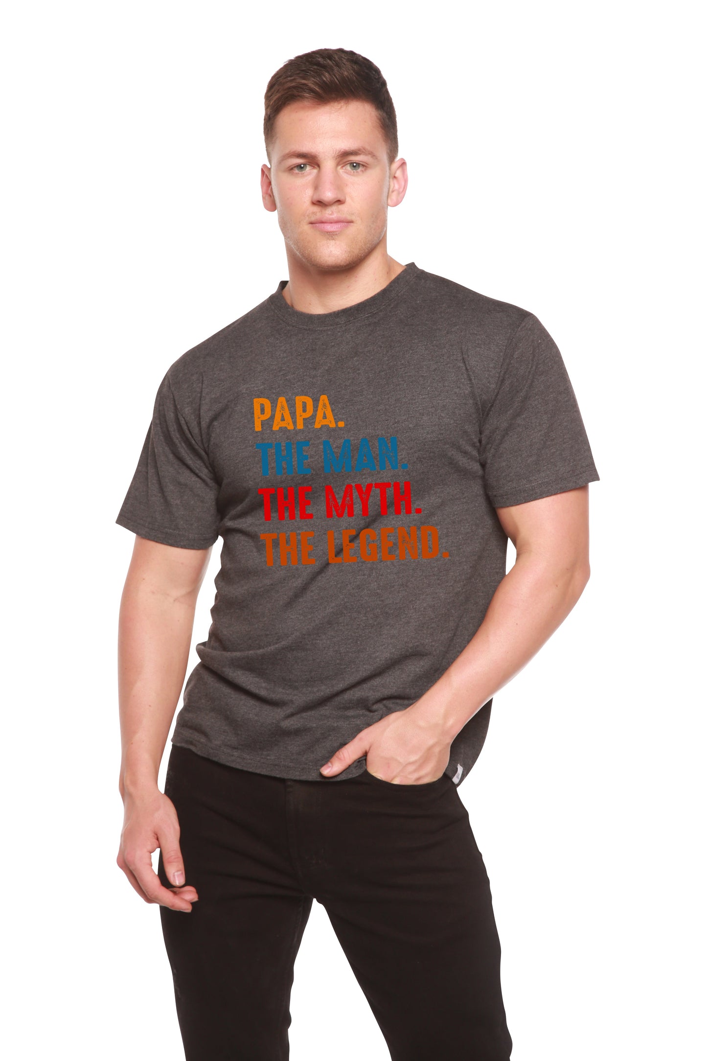 Men's graphic T-shirt Papa the Man the Myth the Legend in charcoal heather by Spun Bamboo on Tampa Home & Garden Store