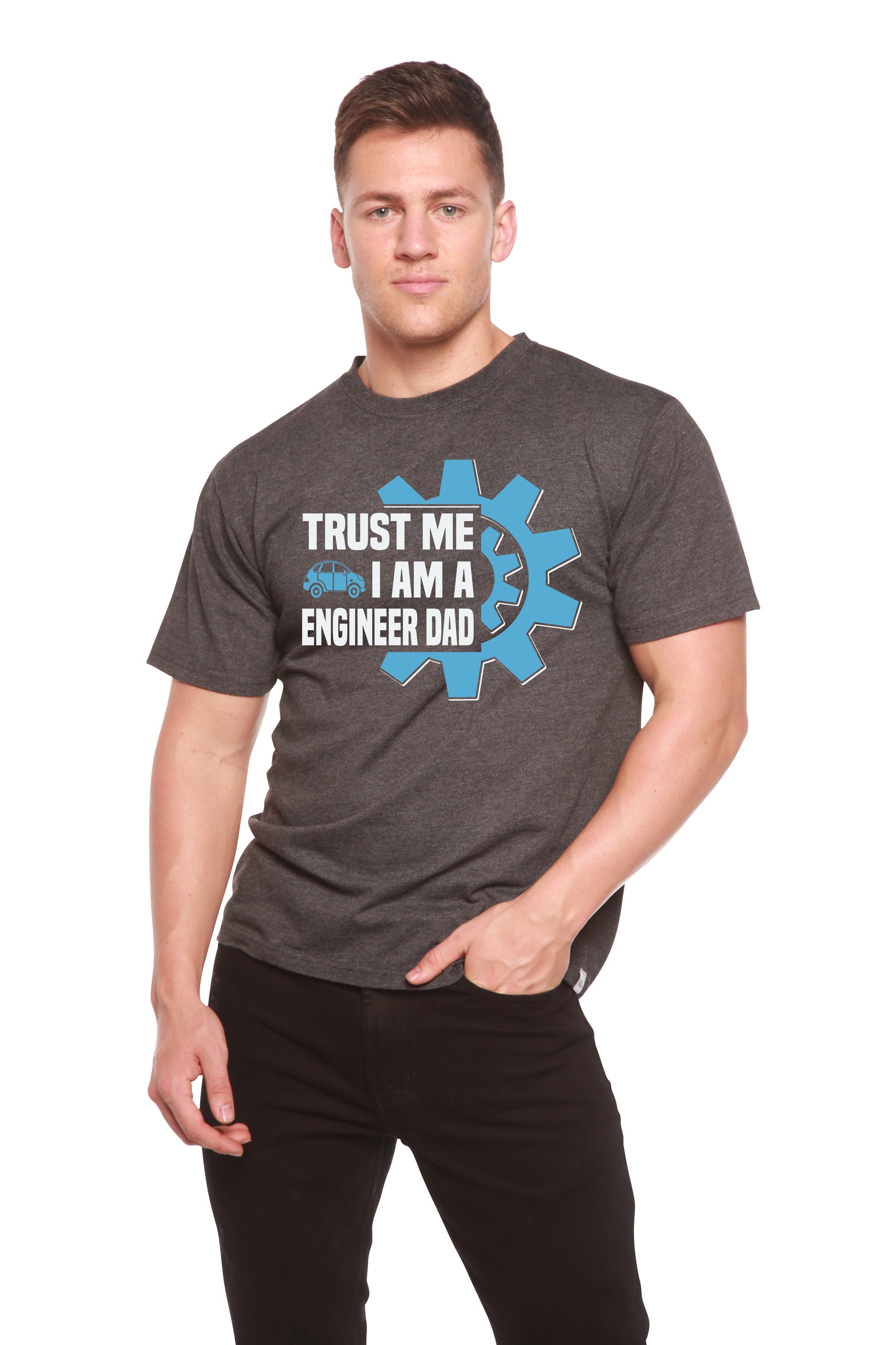 Men's T-shirt Trust Me I Am A Engineer Dad with blue gear in bamboo viscose/organic cotton on Tampa Home & Garden Store