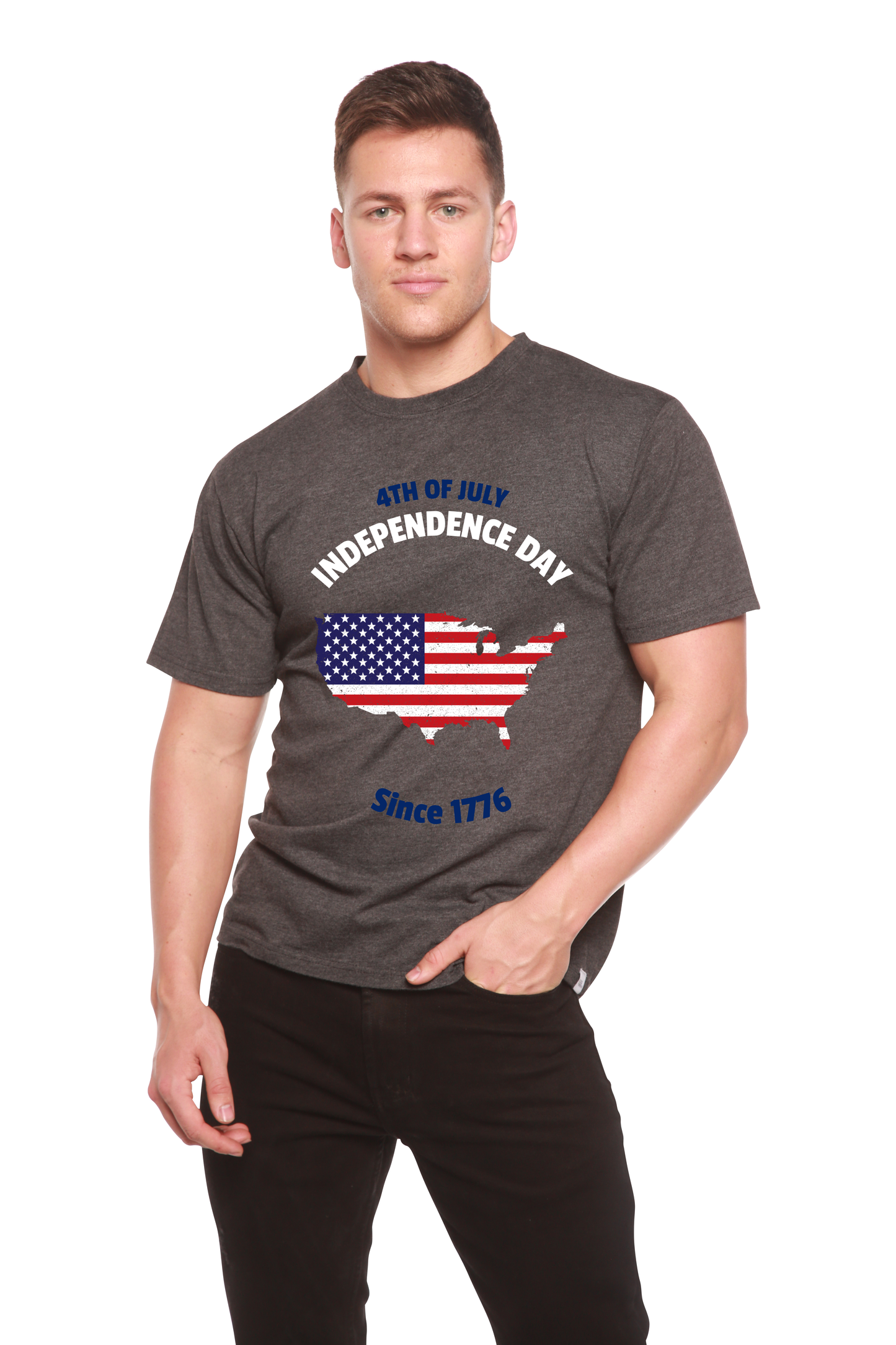 Mens bamboo viscose/organic cotton short sleeve graphic tee with 4th of July flag map on gray on Tampa Home & Garden Store
