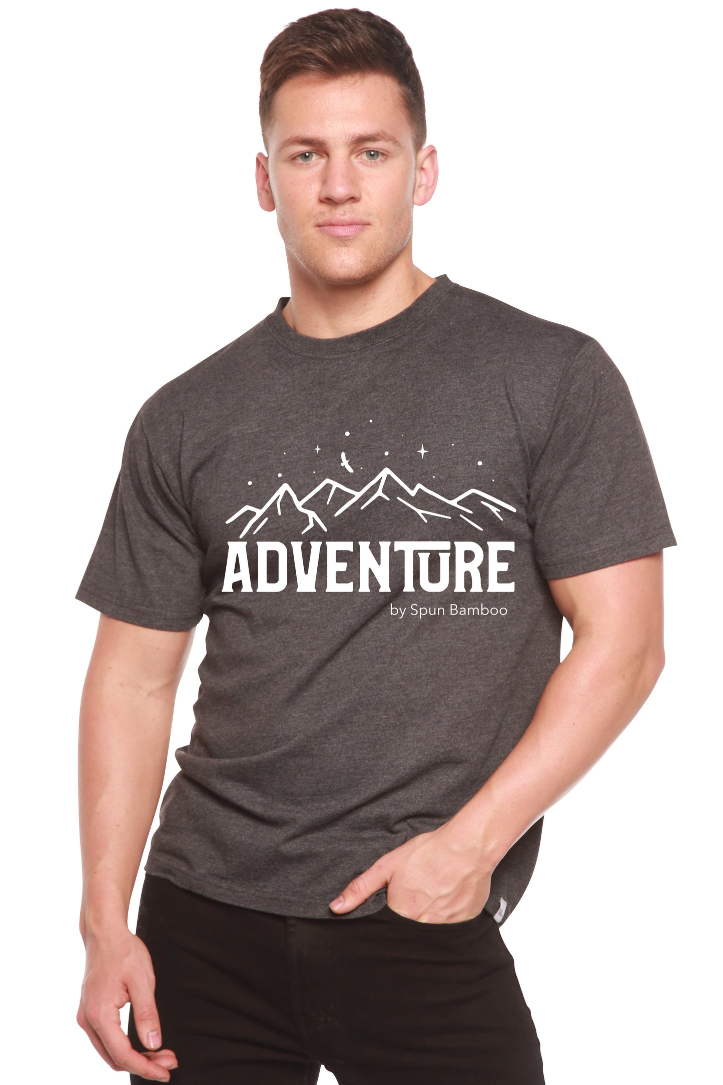 Adventure printed men's short-sleeve tee in charcoal heather by Spun Bamboo on Tampa Home & Garden Store