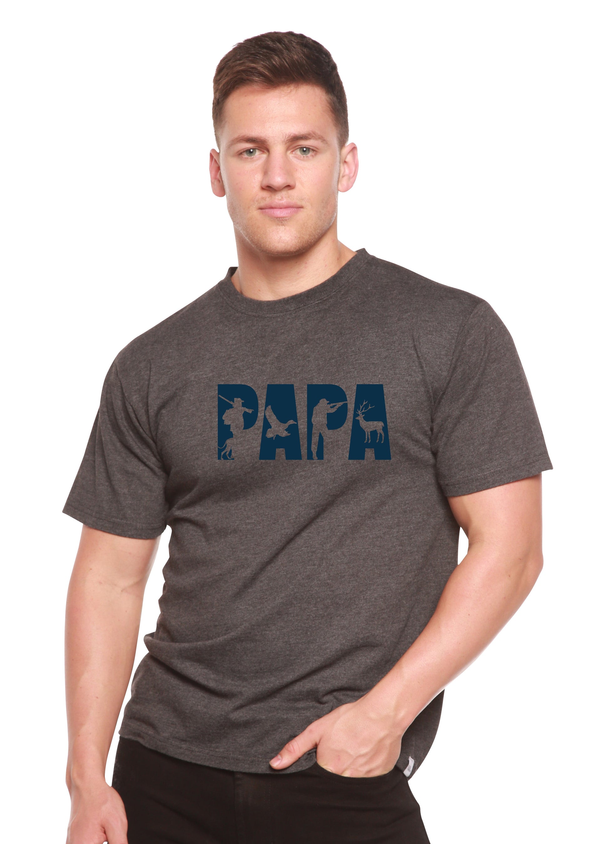 PAPA bamboo tee in dark heather gray with blue PAPA graphic, Spun Bamboo on Tampa Home & Garden Store