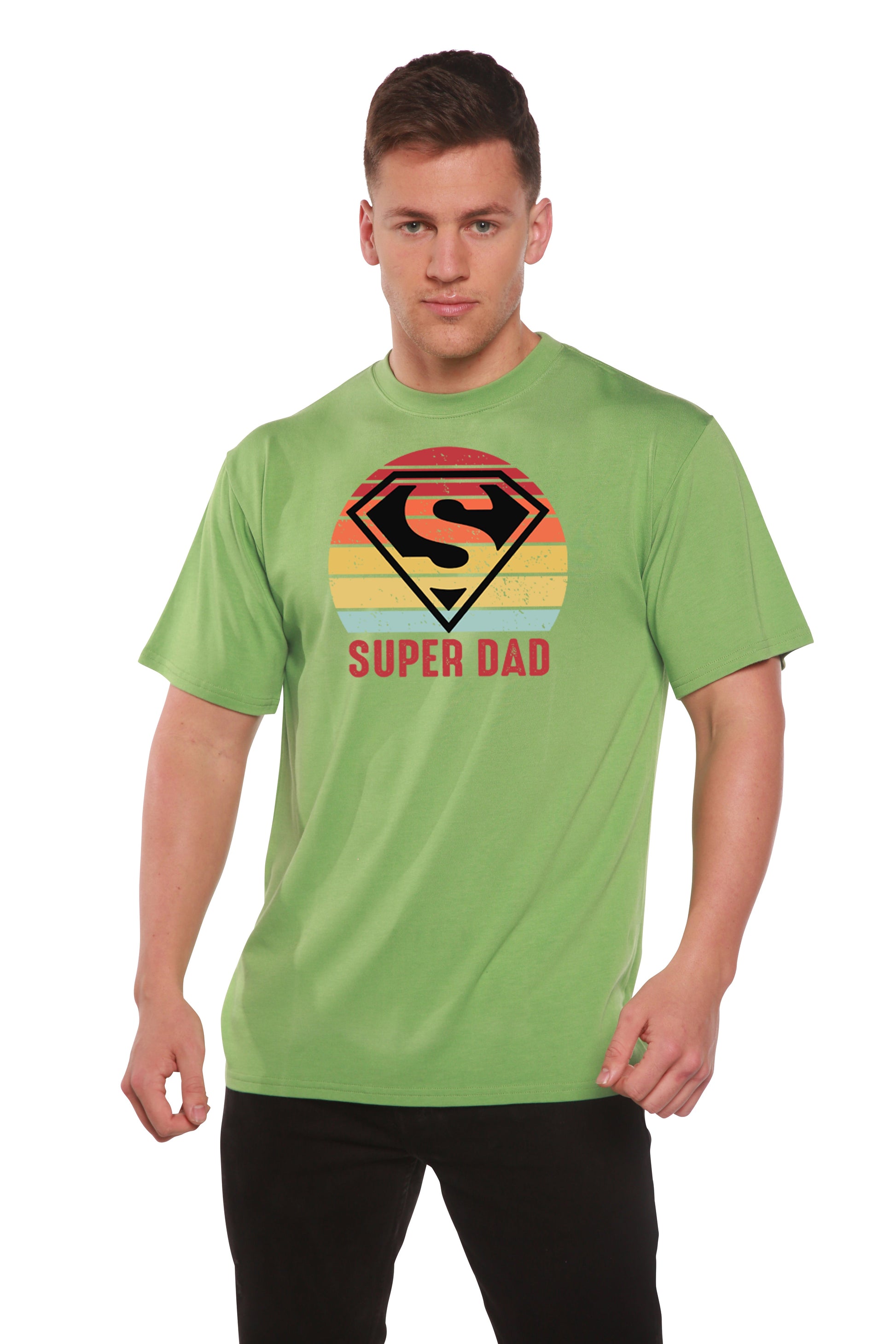 Super Dad bamboo viscose/organic cotton graphic tee lime green with retro sun shield logo on Tampa Home & Garden Store