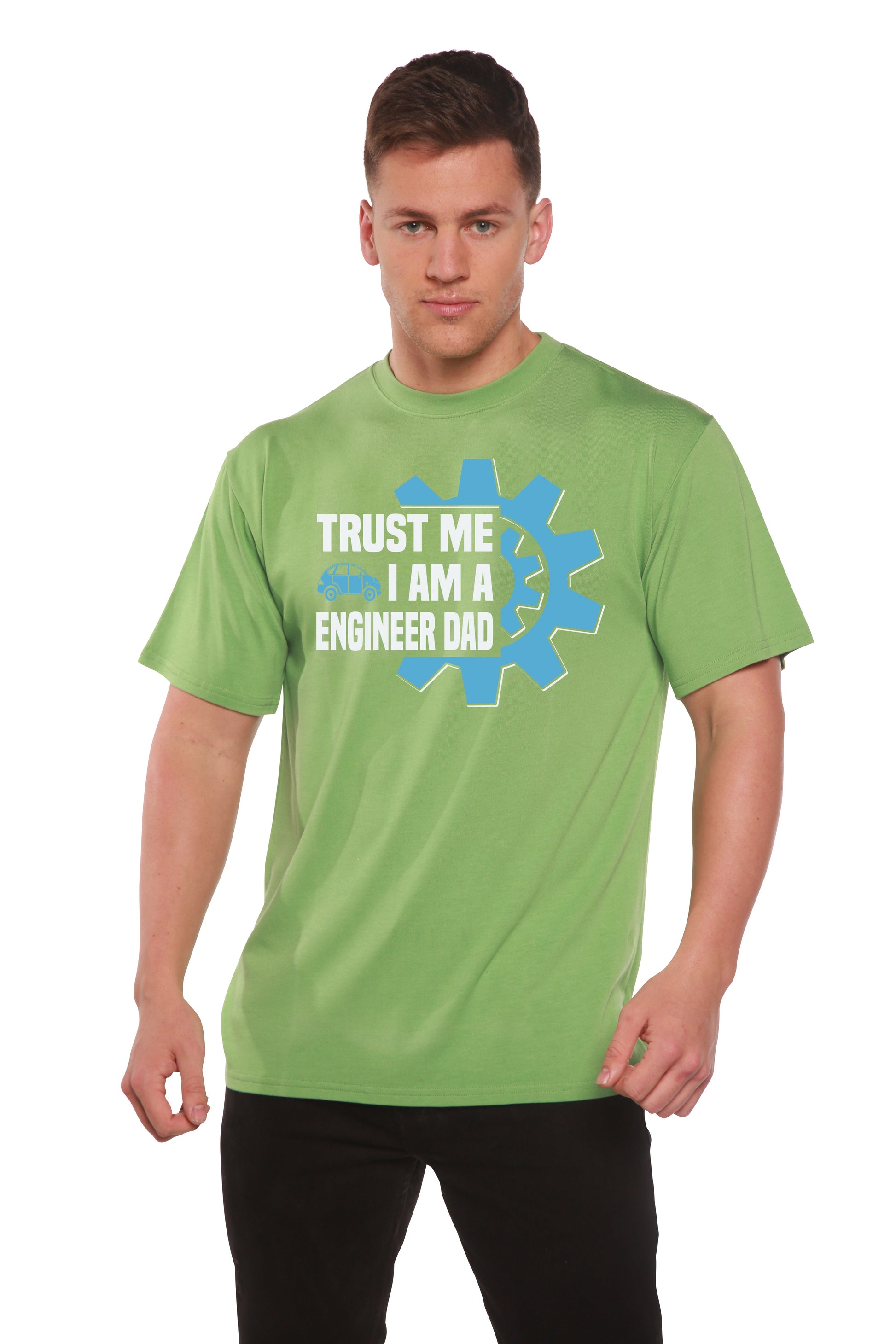 Mens lime green graphic tee with blue gear and car icon reads Trust Me I Am A Engineer Dad on Tampa Home & Garden Store