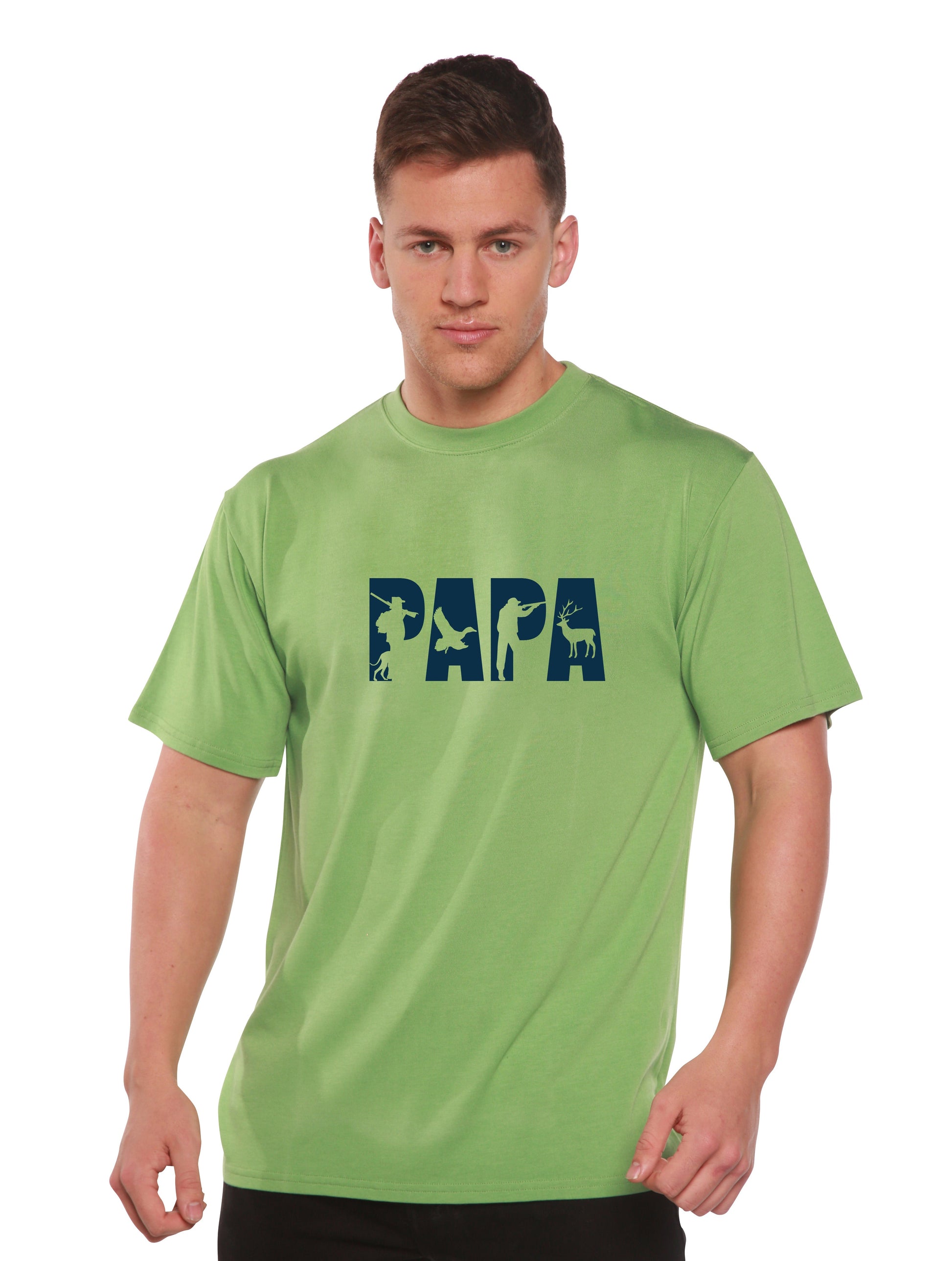 PAPA men's graphic T-shirt in green with navy PAPA letters and animal motifs by Spun Bamboo on Tampa Home & Garden Store