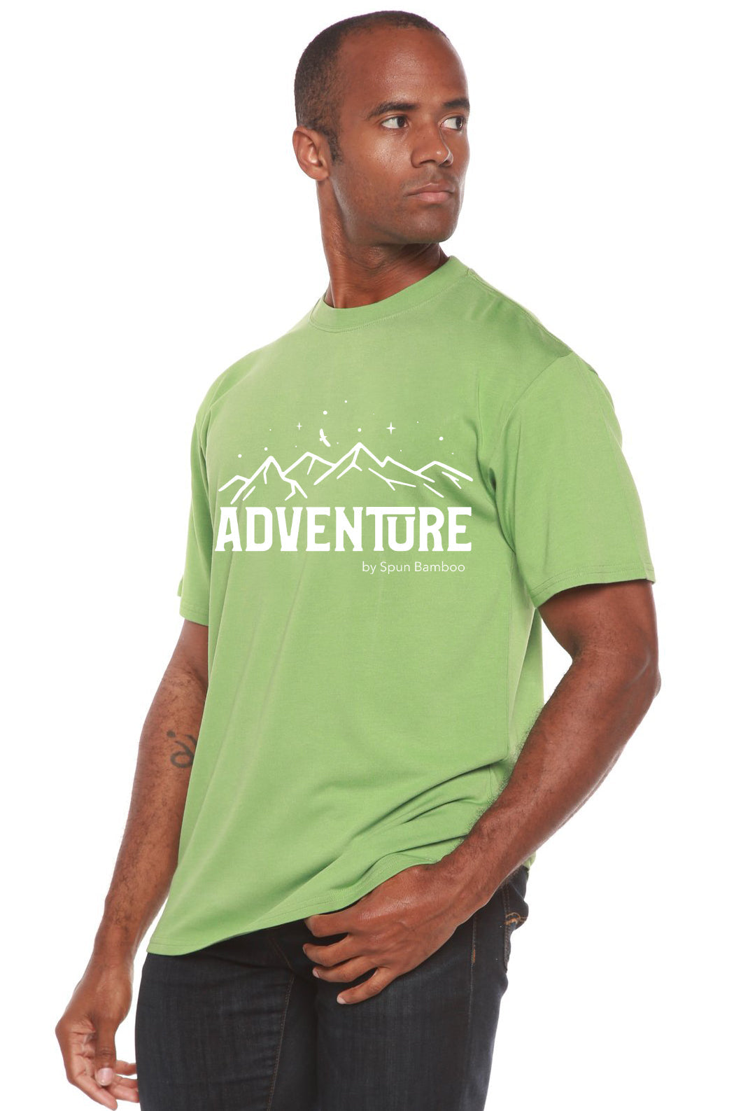 Adventure printed green men's bamboo tee with mountain graphic by Spun Bamboo on Tampa Home & Garden Store