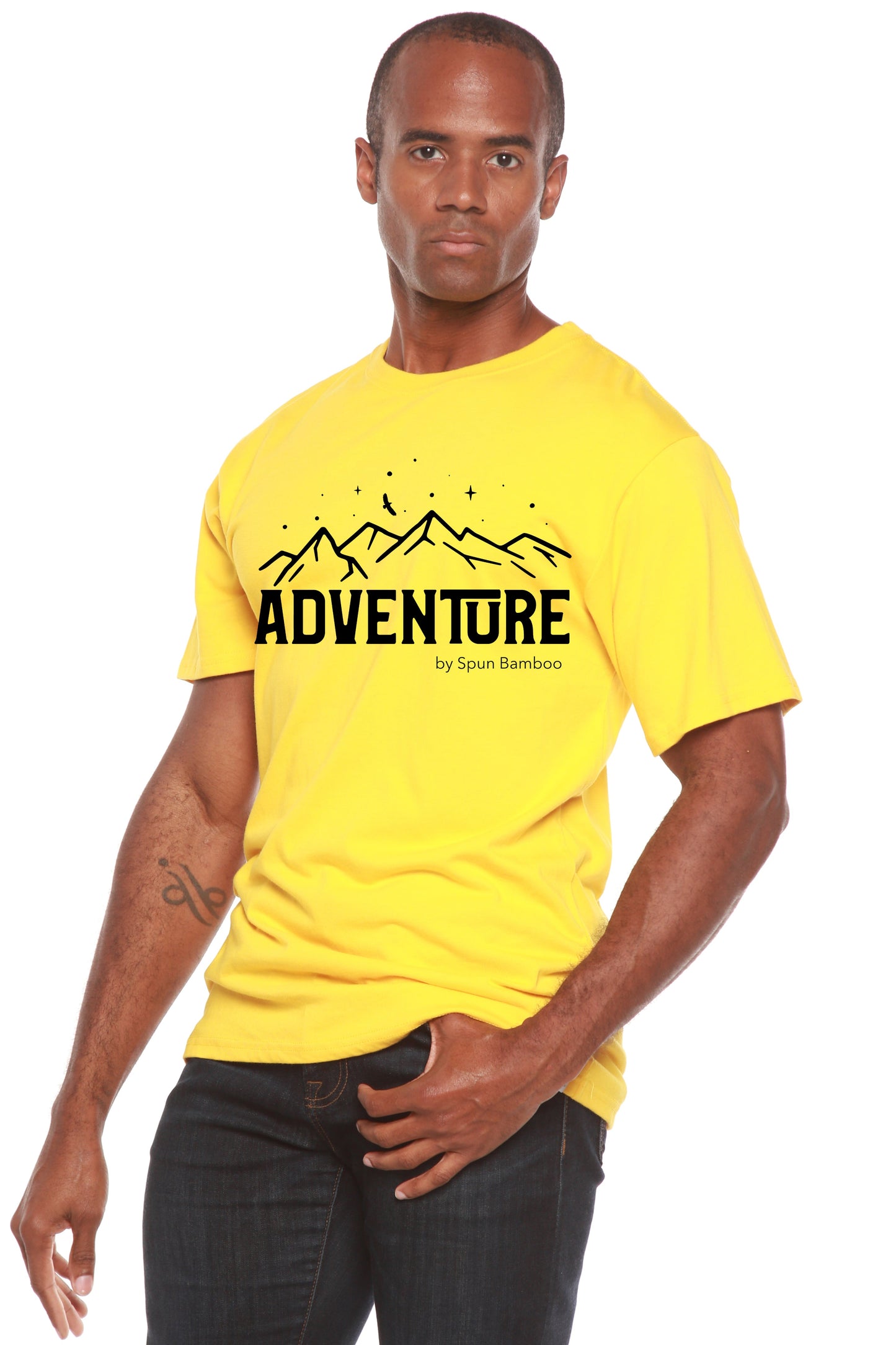 Adventure printed men's bamboo T-shirt in yellow with mountain graphic by Spun Bamboo on Tampa Home & Garden Store