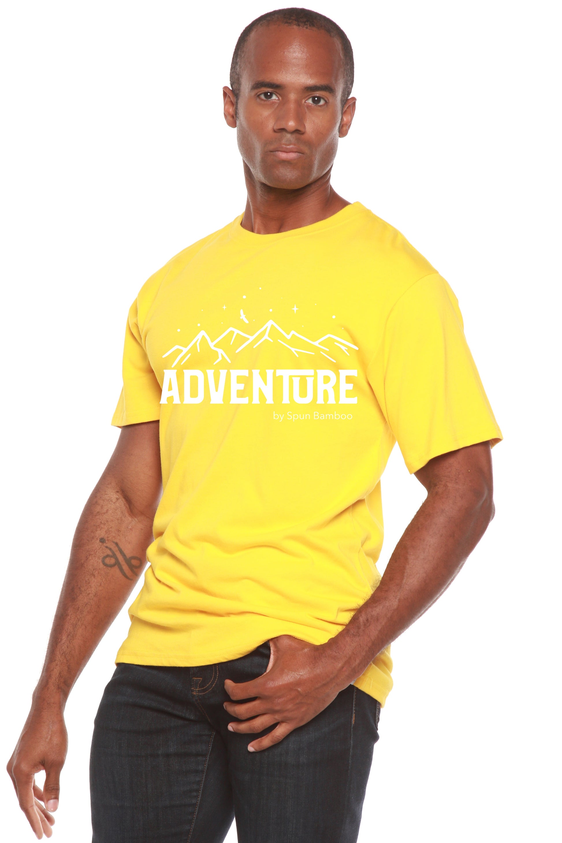 Men's yellow Adventure printed T-shirt with white mountain graphic by Spun Bamboo on Tampa Home & Garden Store