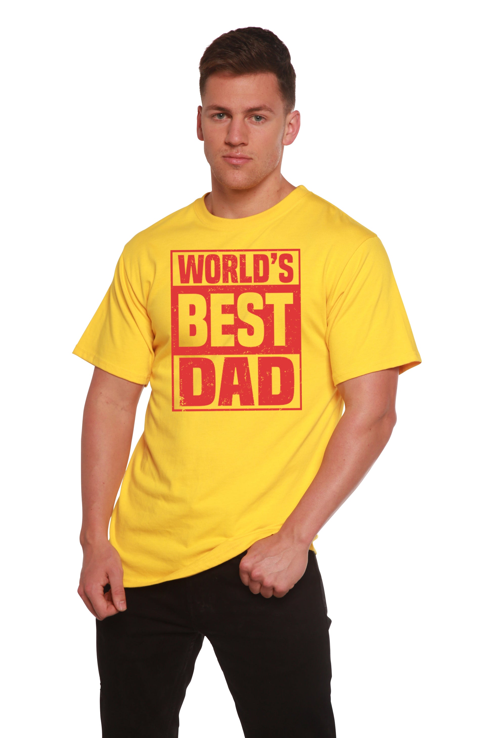 World's Best Dad graphic T-shirt, bamboo viscose/organic cotton, yellow with red print on Tampa Home & Garden Store