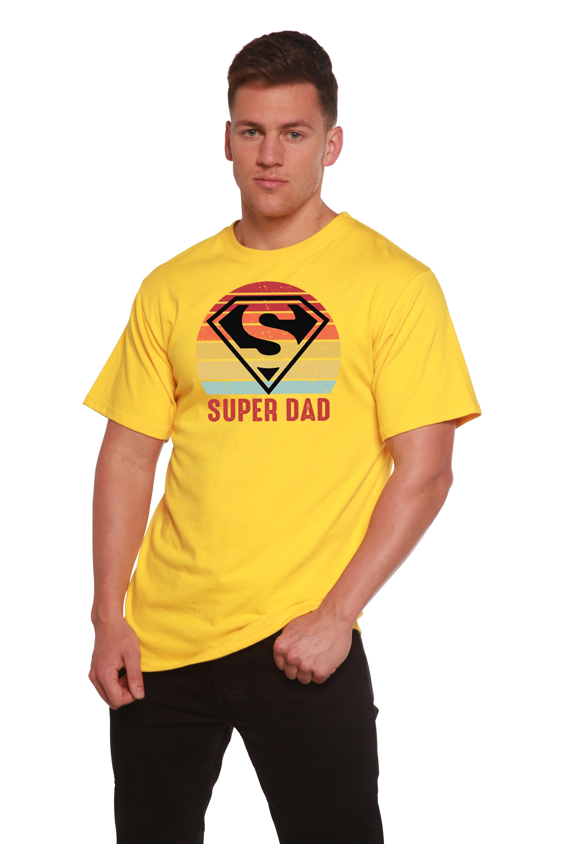 Super Dad men's bamboo viscose/organic cotton graphic tee yellow with retro logo on Tampa Home & Garden Store