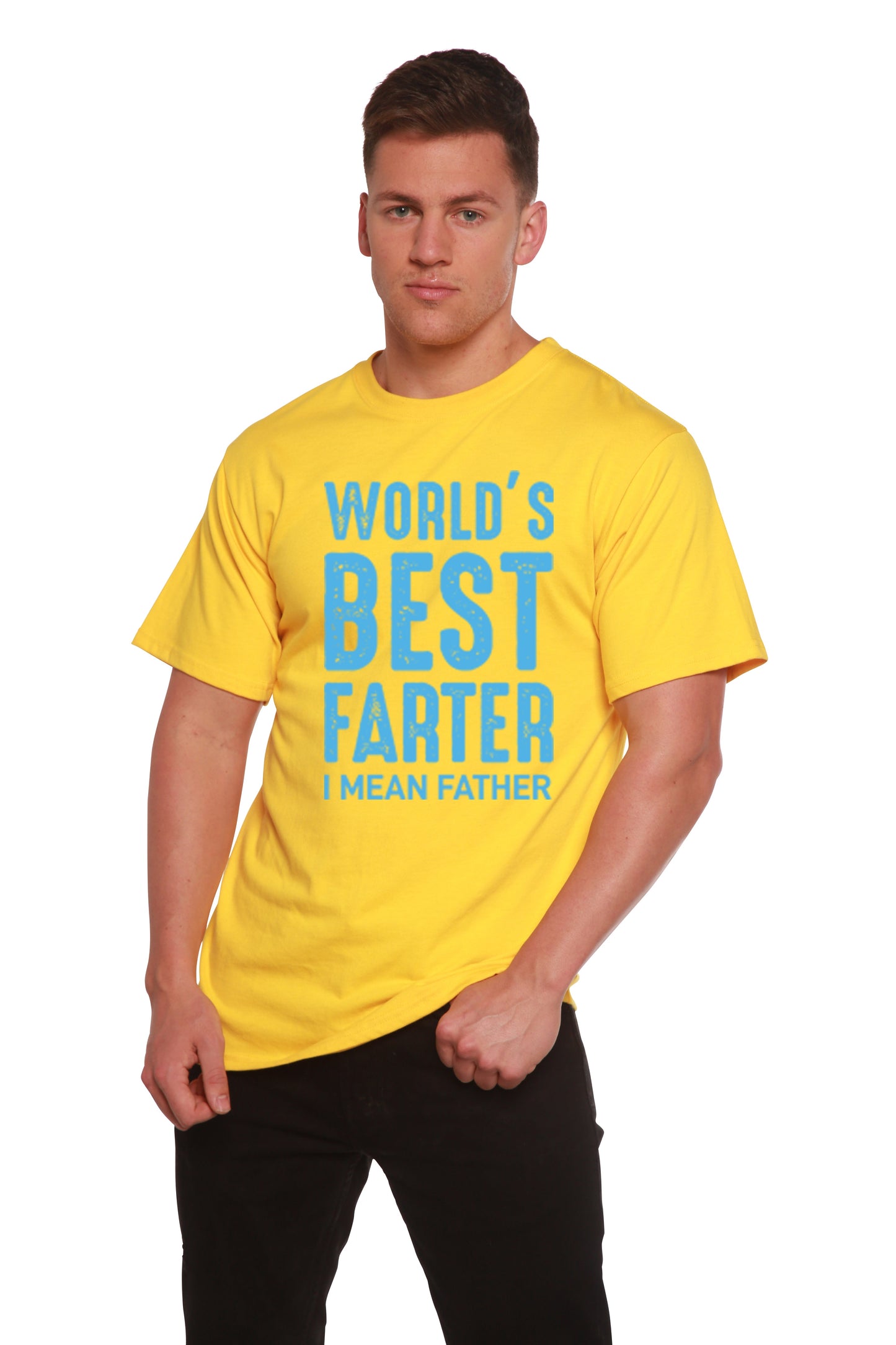 Men's yellow graphic T-shirt with blue World's Best Farter print, bamboo viscose/organic cotton on Tampa Home & Garden Store