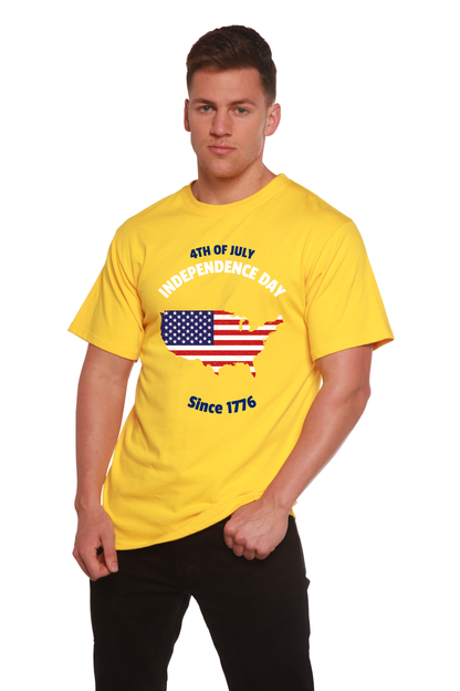 4th of July men's Spun Bamboo graphic T-shirt, yellow with USA flag design on Tampa Home & Garden Store