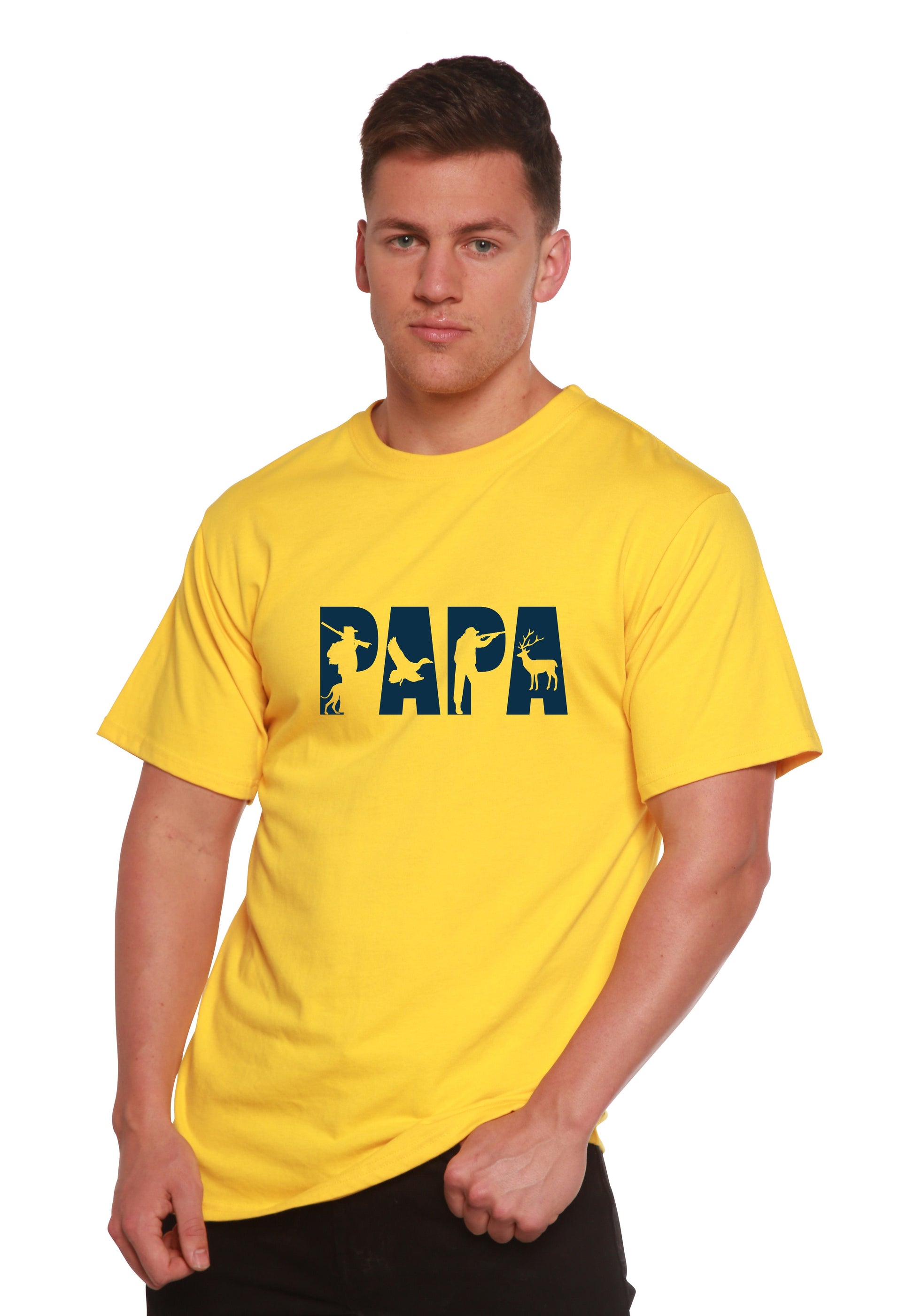 PAPA men's printed short sleeve T-shirt in yellow with navy graphic letters and animal silhouettes on Tampa Home & Garden Store