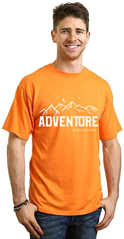 Men's orange adventure printed T-shirt by Spun Bamboo, bamboo viscose/organic cotton shirt on Tampa Home & Garden Store
