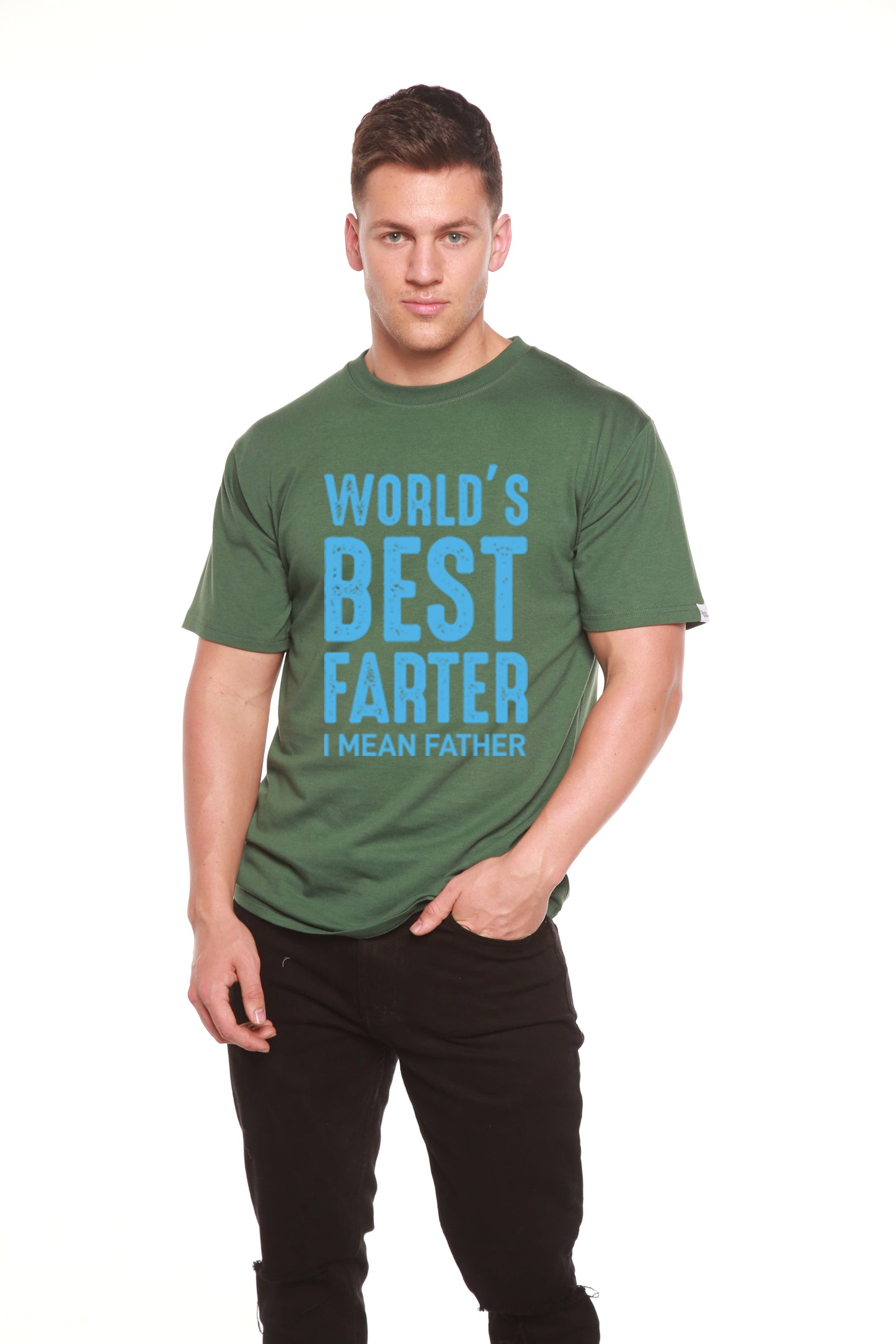 World's Best Farter men's green short-sleeve graphic tee with bold blue slogan on Tampa Home & Garden Store