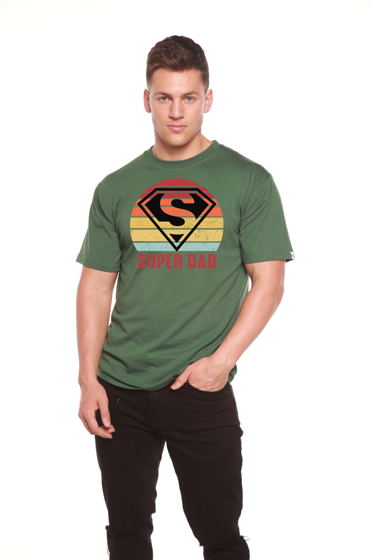 Super Dad Spun Bamboo short sleeve graphic tee in green with shield logo on Tampa Home & Garden Store