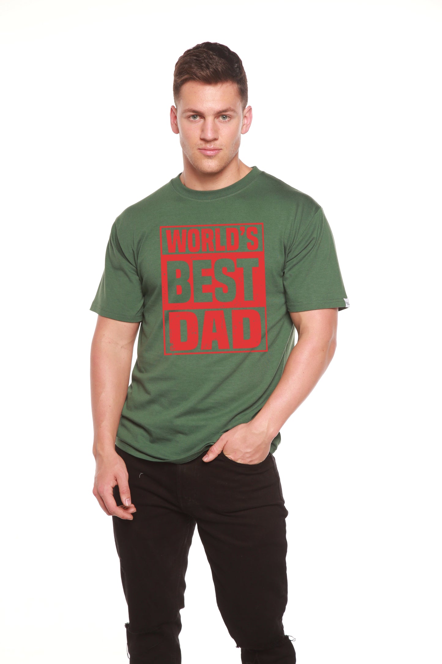 World's Best Dad men's bamboo viscose/organic cotton short sleeve tee with red graphic on Tampa Home & Garden Store
