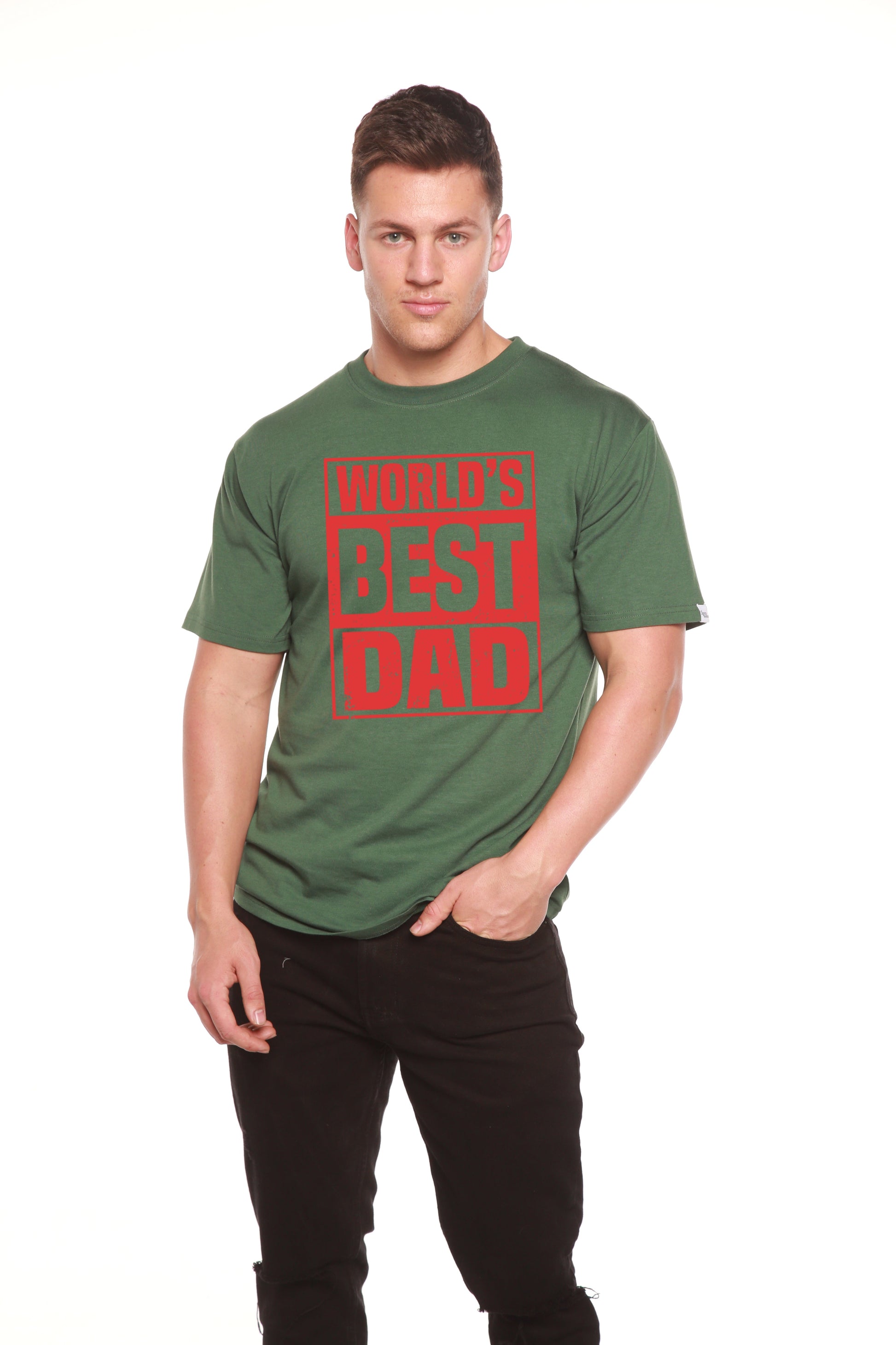 World's Best Dad men's bamboo viscose/organic cotton short sleeve tee with red graphic on Tampa Home & Garden Store