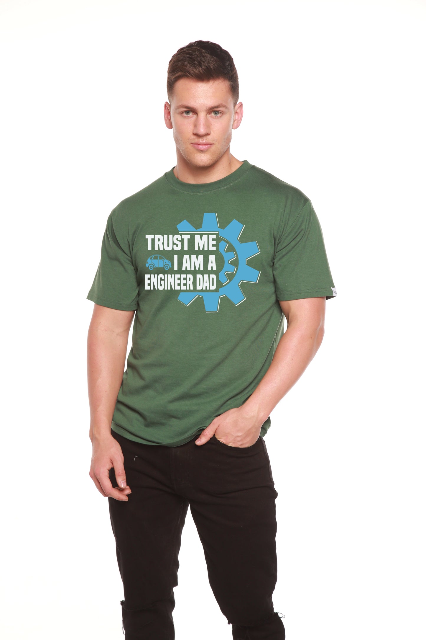 Green bamboo viscose/organic cotton short sleeve tee with Engineer Dad and blue gear on Tampa Home & Garden Store