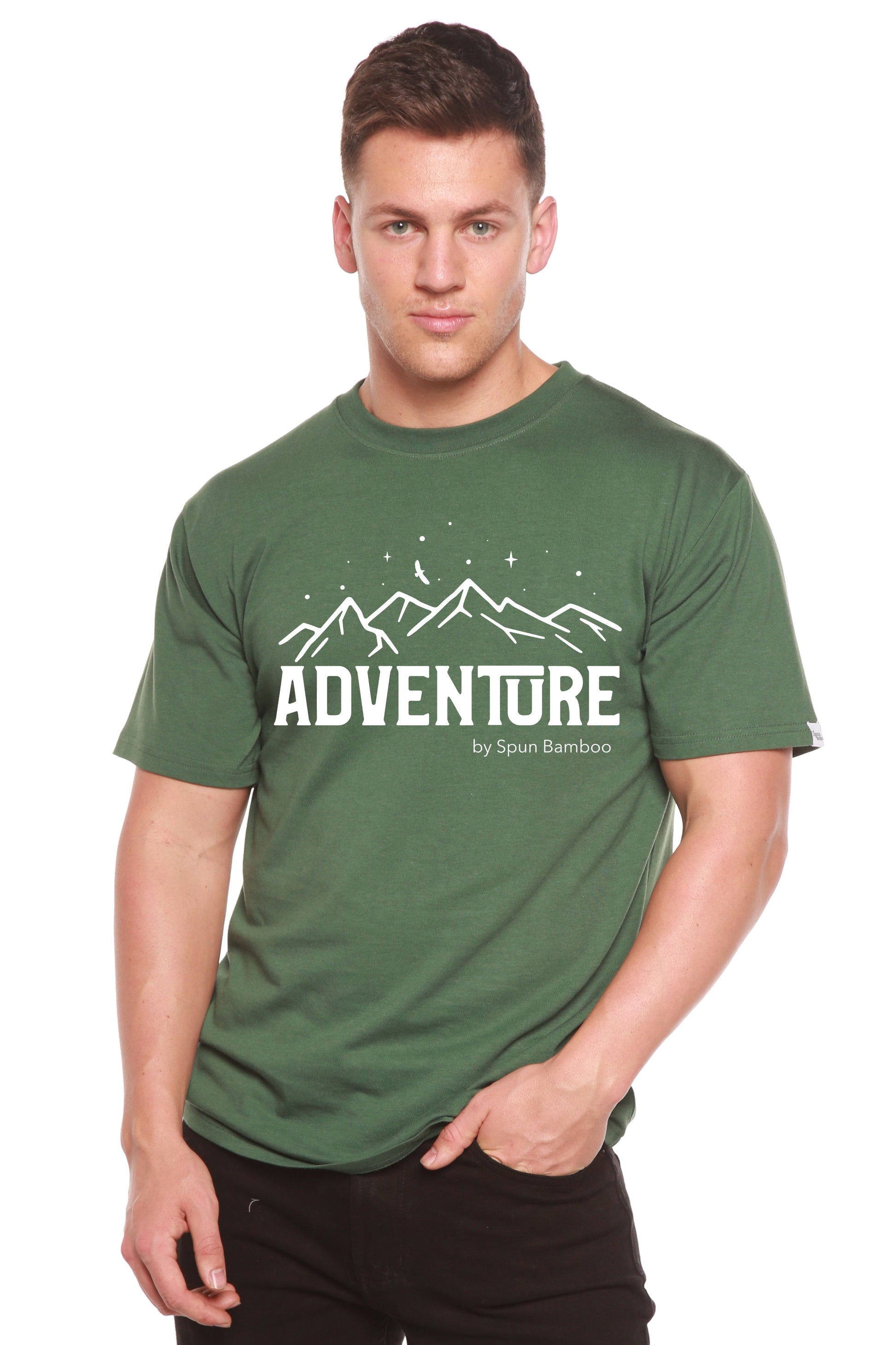 Men's green Adventure printed T-shirt by Spun Bamboo with mountain graphic on Tampa Home & Garden Store