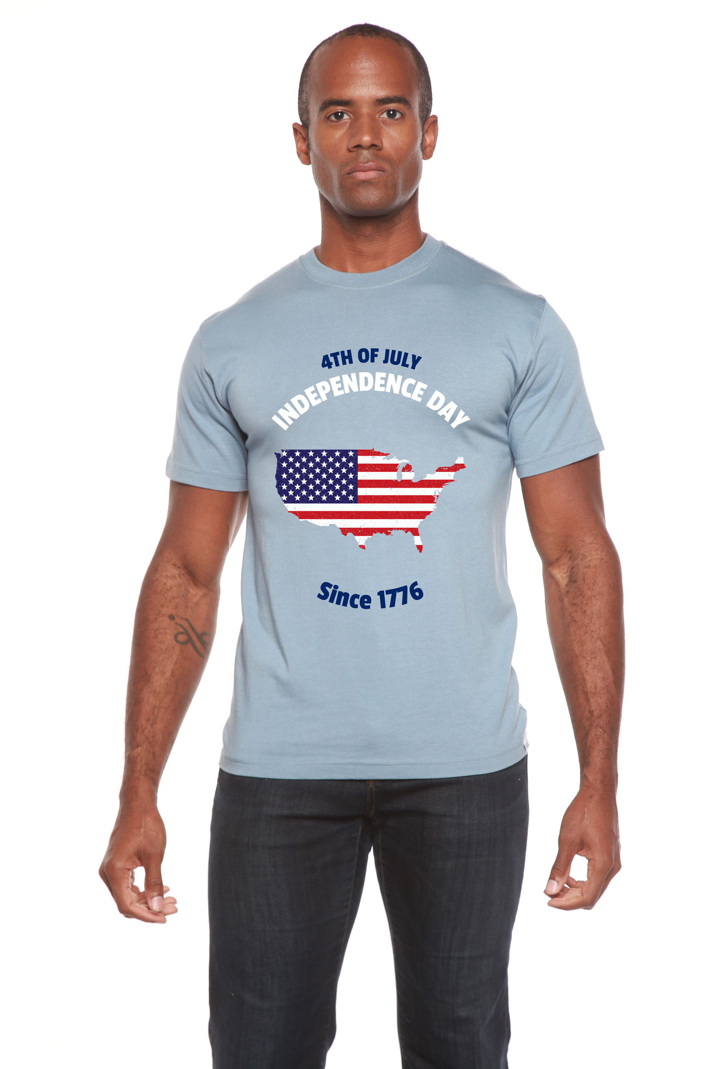 4th of July men's bamboo viscose/organic cotton T-shirt in light blue with USA flag map graphic on Tampa Home & Garden Store