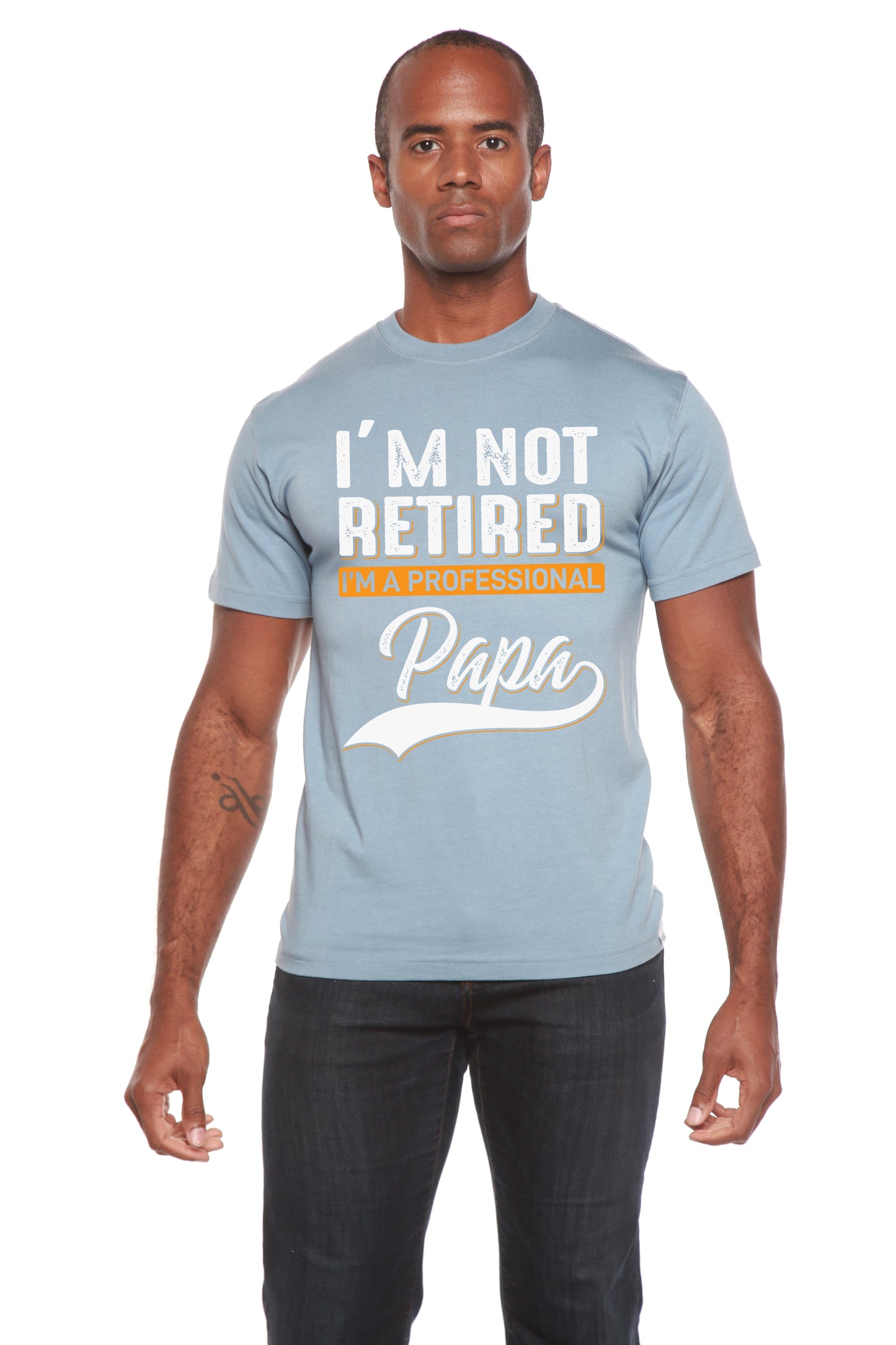 I'm not Retired bamboo tee in light blue with bold white text and orange accent by Spun Bamboo on Tampa Home & Garden Store