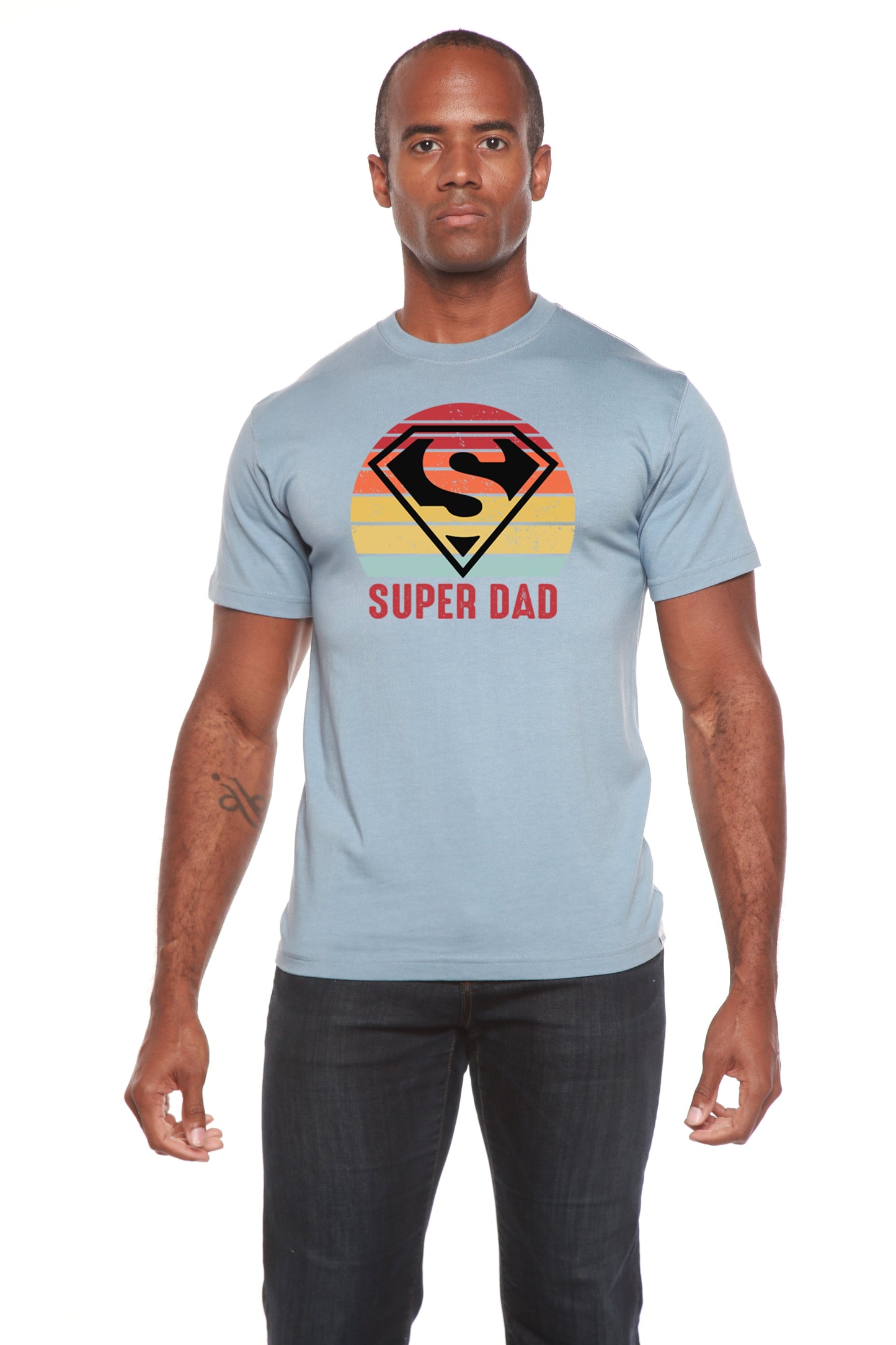 Super Dad graphic T-shirt by Spun Bamboo, light blue bamboo viscose/organic cotton with S logo on Tampa Home & Garden Store