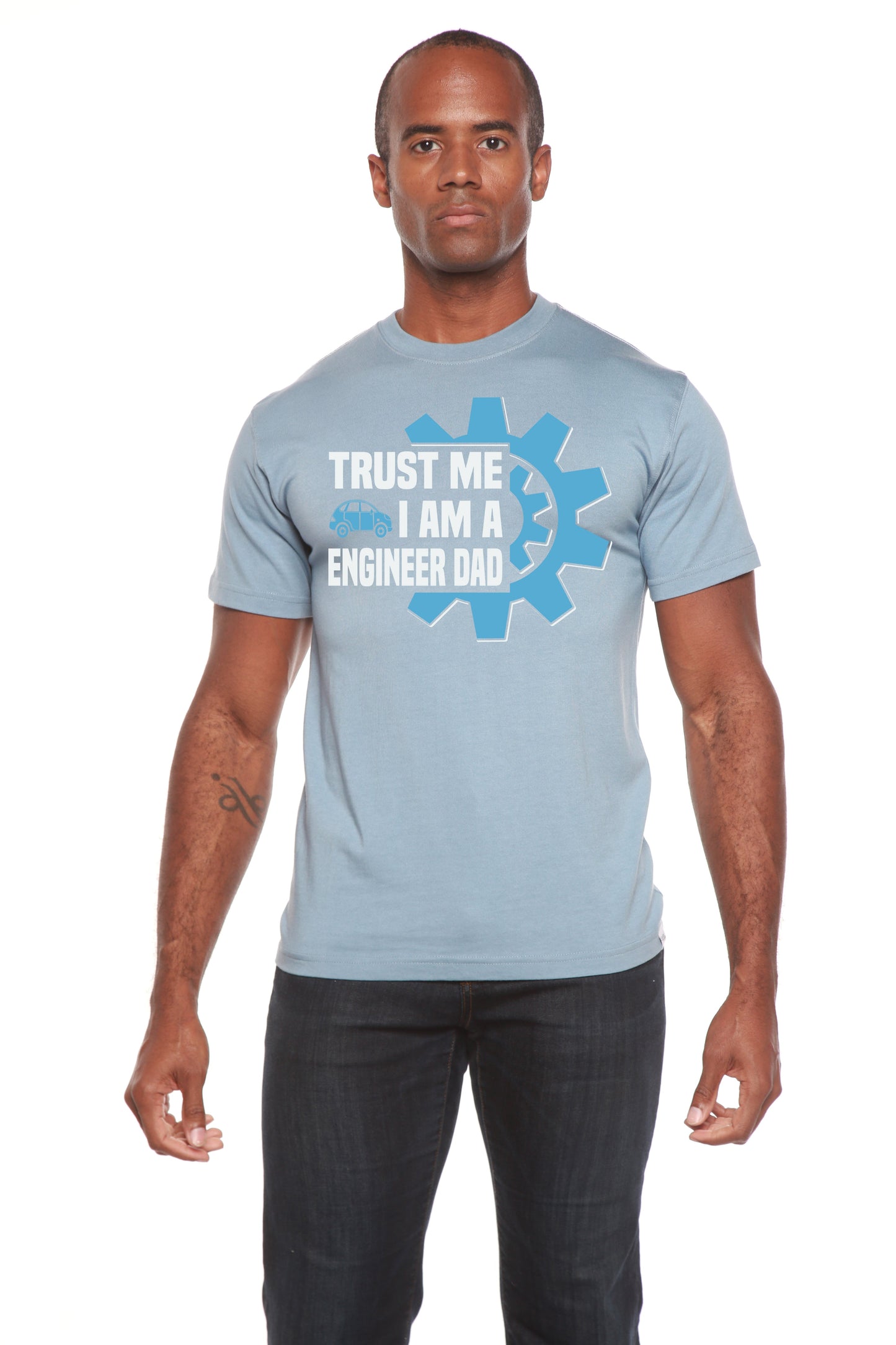 Mens graphic tee Trust Me I'm a Engineer Dad in light blue with gear graphic by Spun Bamboo on Tampa Home & Garden Store
