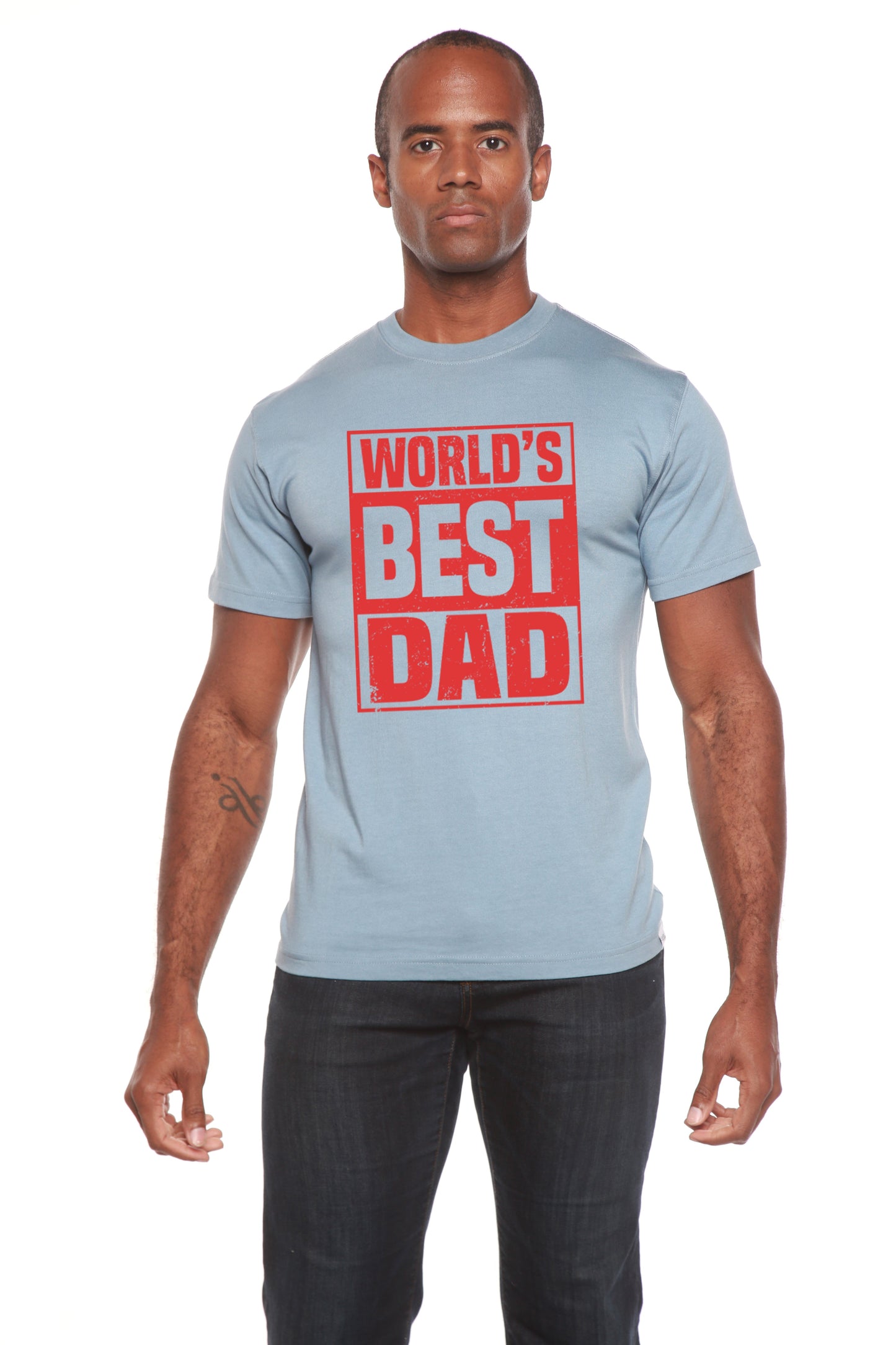World's Best Dad men's bamboo viscose/organic cotton graphic tee, light blue with red print on Tampa Home & Garden Store