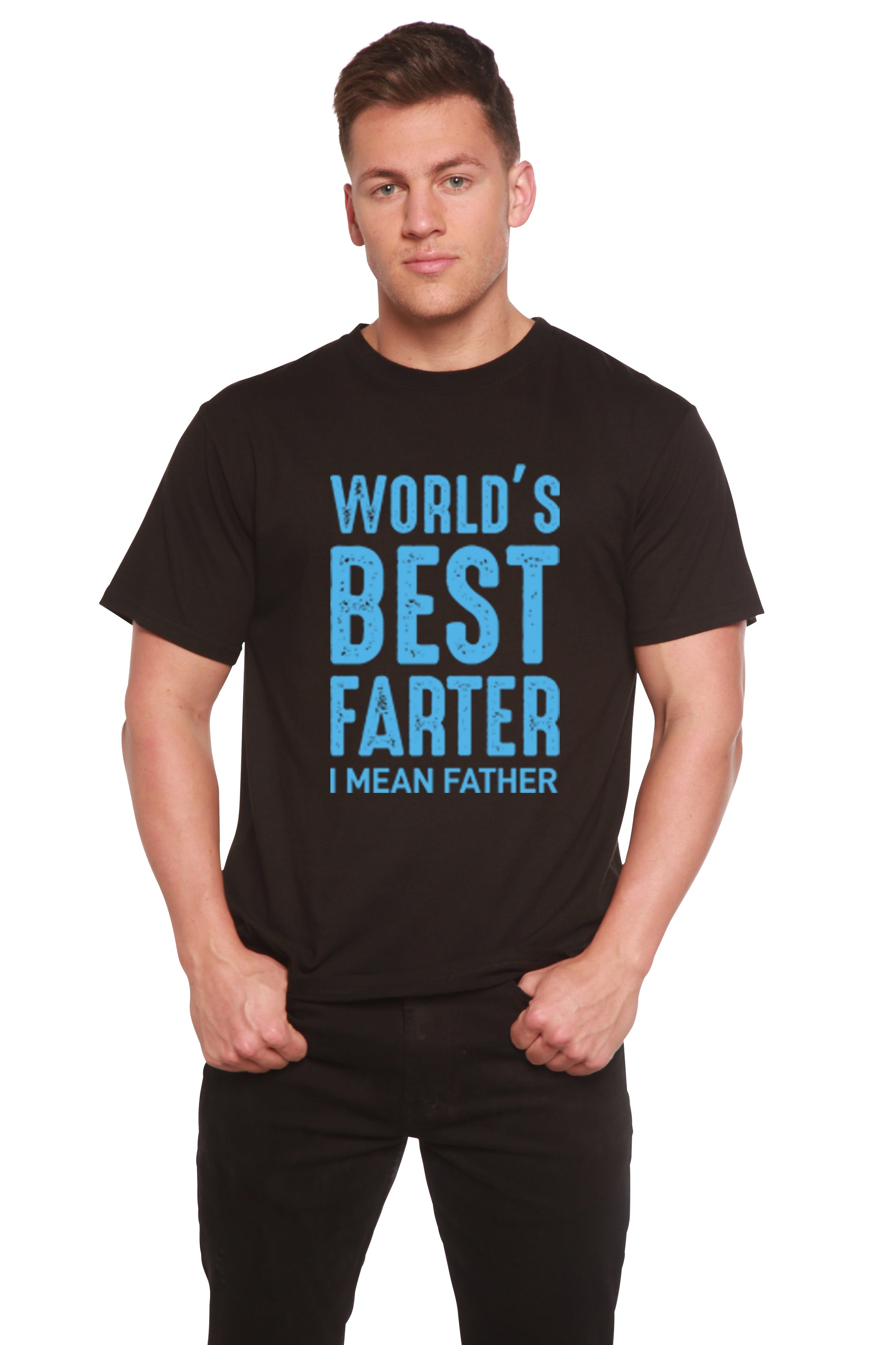World's Best Farter men's black graphic T-shirt in bamboo viscose/organic cotton with bold blue print on chest on Tampa Home & Garden Store
