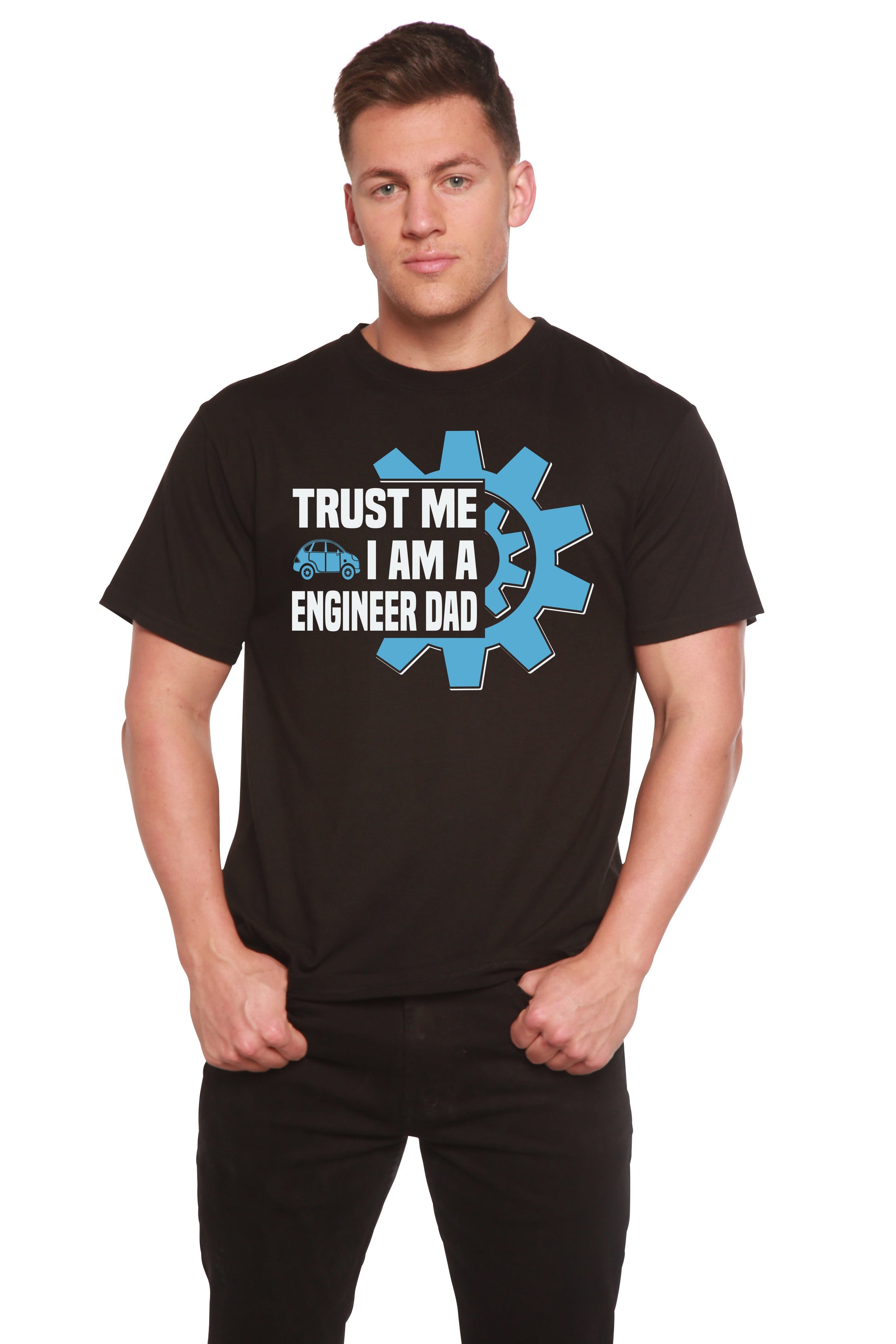 Trust Me I'm a Engineer Dad men's bamboo viscose/organic cotton shirt black with blue gear on Tampa Home & Garden Store