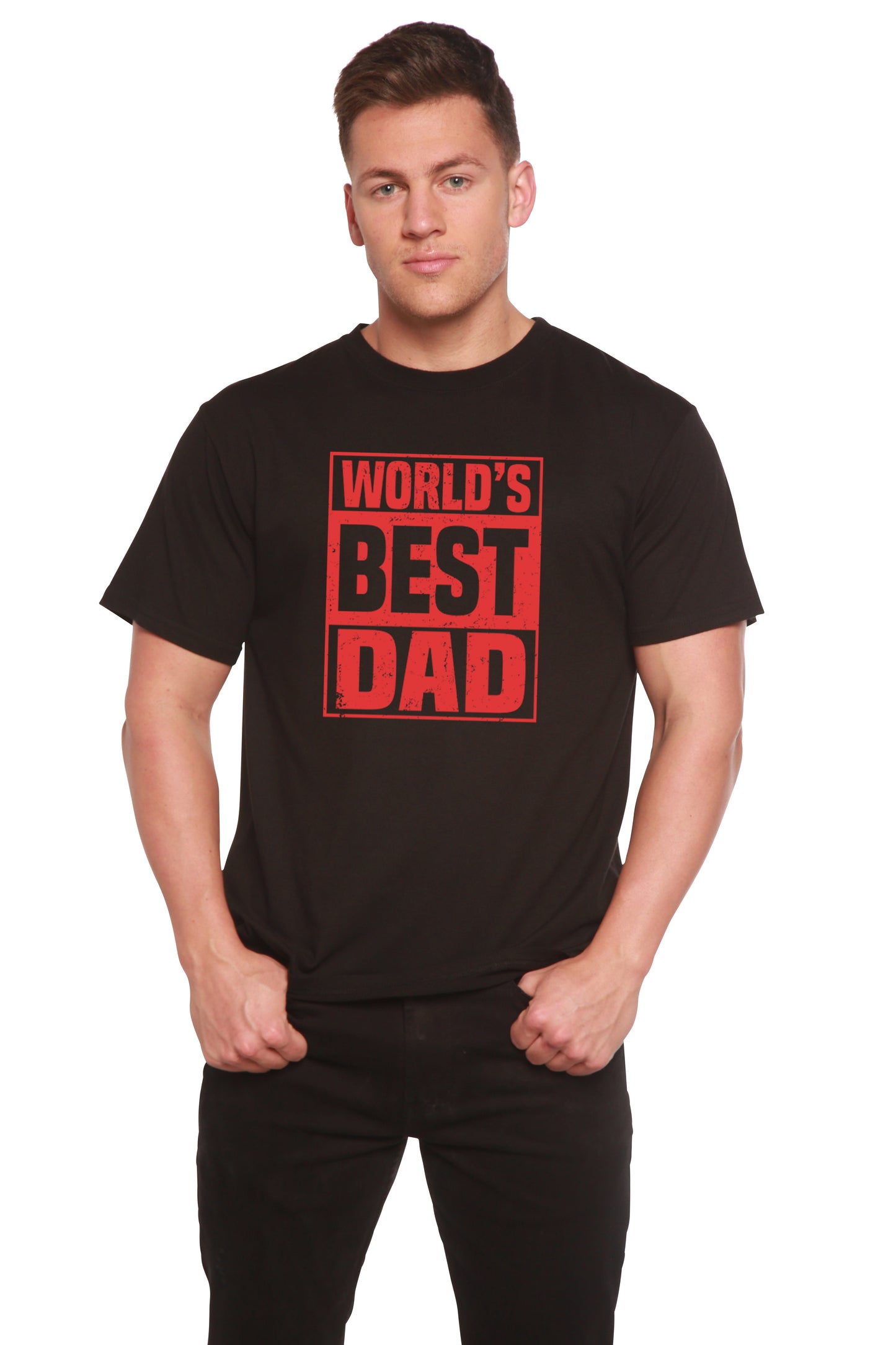 World's Best Dad men's black short-sleeve tee with red print by Spun Bamboo on Tampa Home & Garden Store