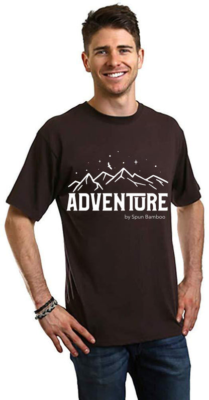 Adventure printed men's bamboo tee in brown with mountain graphic by Spun Bamboo on Tampa Home & Garden Store