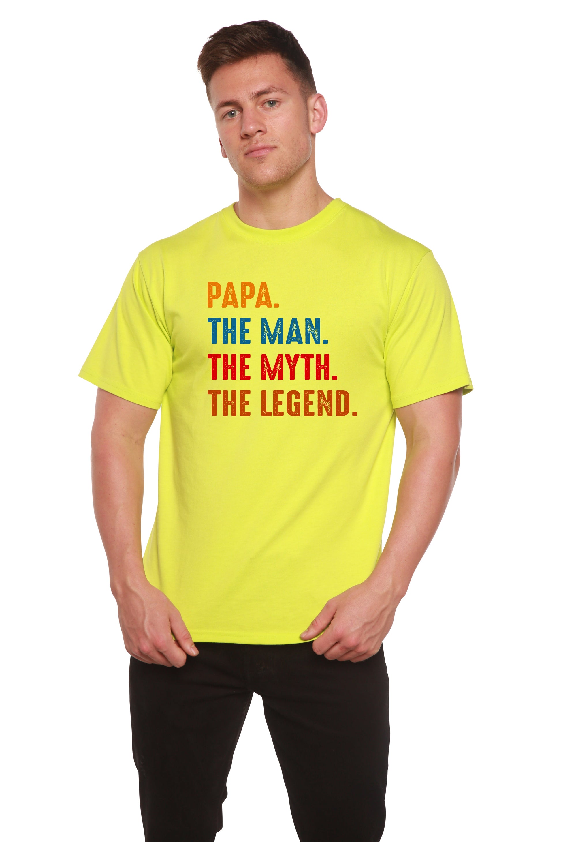Mens neon yellow graphic T-shirt with multicolor Papa The Man The Myth The Legend slogan on Tampa Home & Garden Store