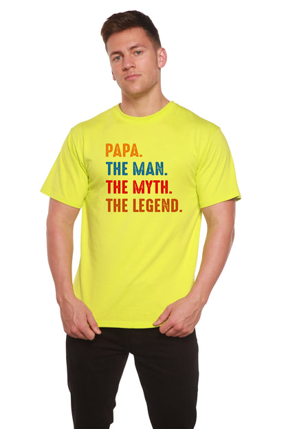 Mens neon yellow graphic T-shirt with multicolor Papa The Man The Myth The Legend slogan on Tampa Home & Garden Store