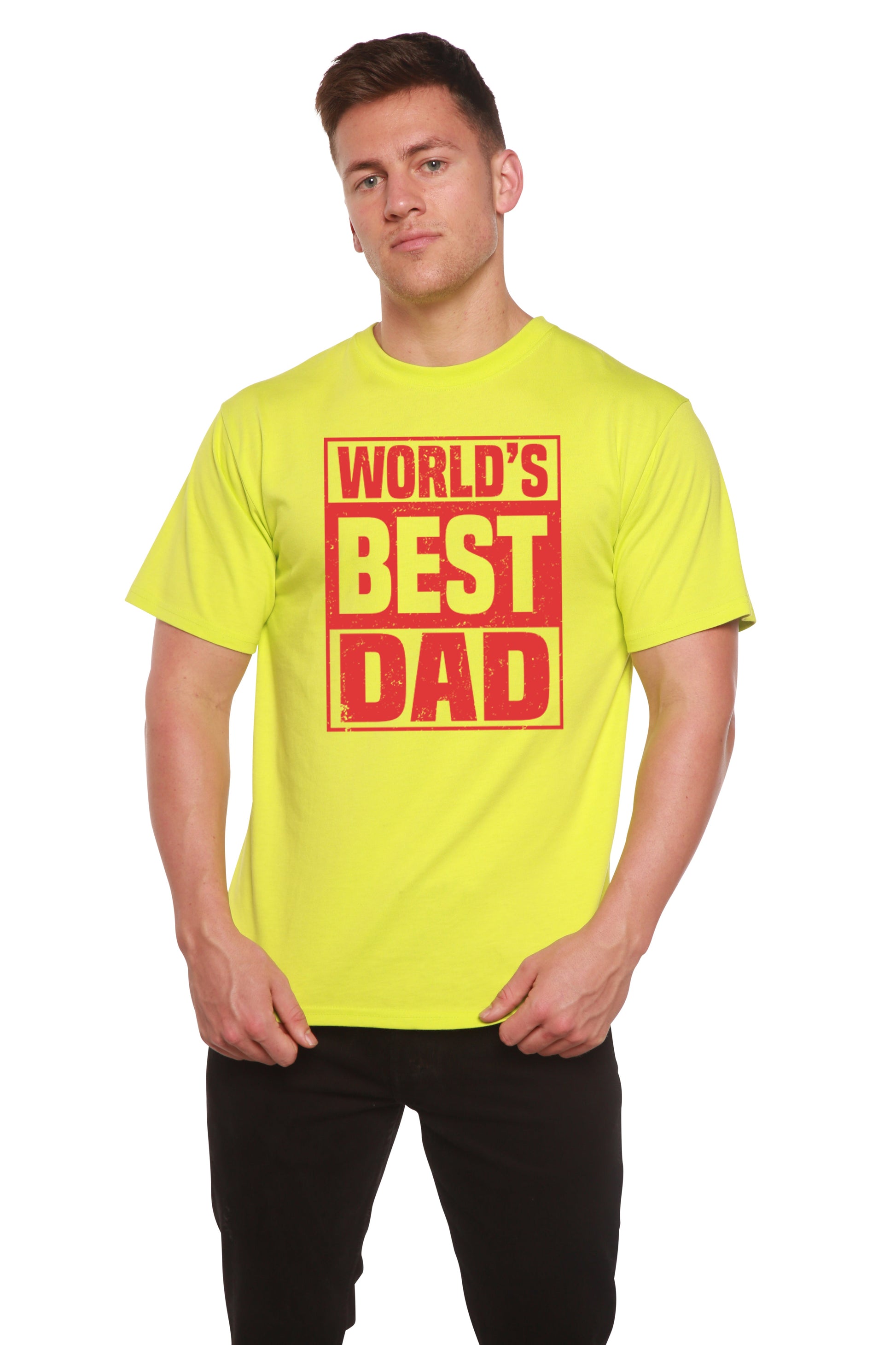 World's Best Dad men's neon yellow bamboo tee with bold red graphic print on Tampa Home & Garden Store