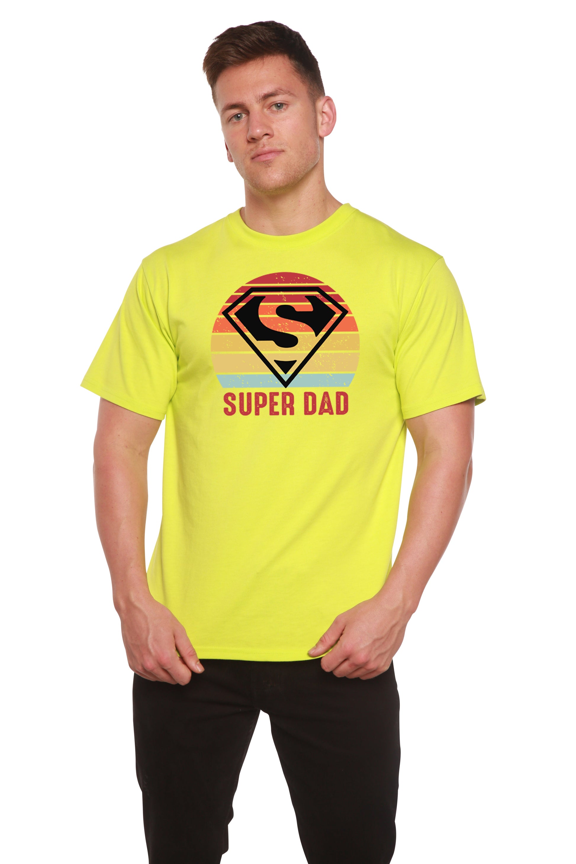 Super Dad graphic tee, neon yellow short sleeve with retro striped shield logo on Tampa Home & Garden Store