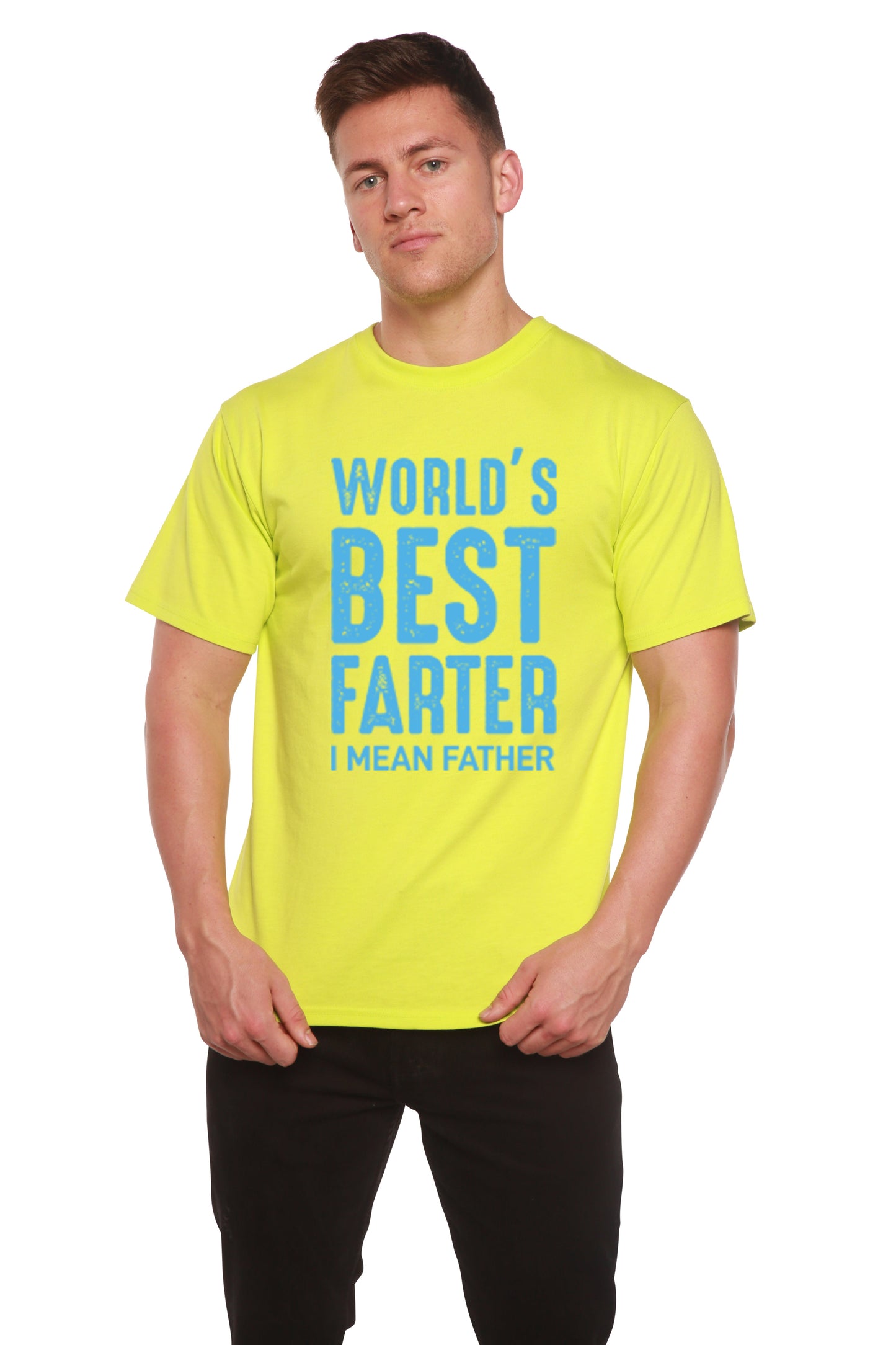 World's Best Farter men's neon yellow bamboo T-shirt with blue print by Spun Bamboo on Tampa Home & Garden Store