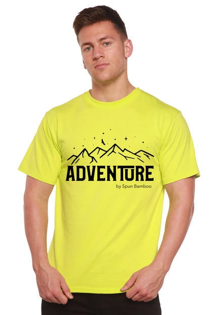 Adventure Printed Men's T-Shirt in neon yellow with mountain graphic by Spun Bamboo on Tampa Home & Garden Store