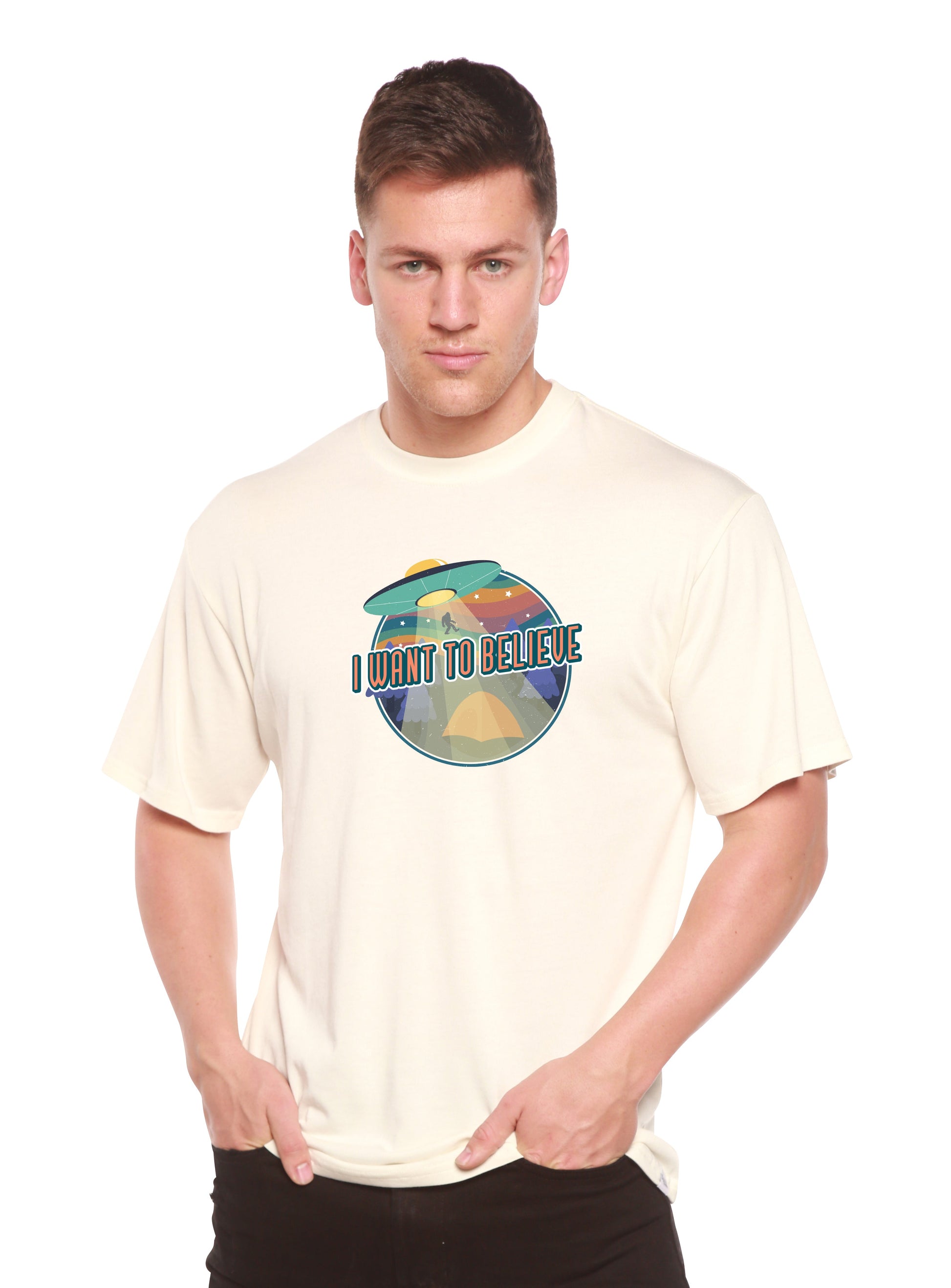 I Want to Believe Men's Bamboo Short Sleeve Printed T-Shirt in cream by Spun Bamboo on Tampa Home & Garden Store