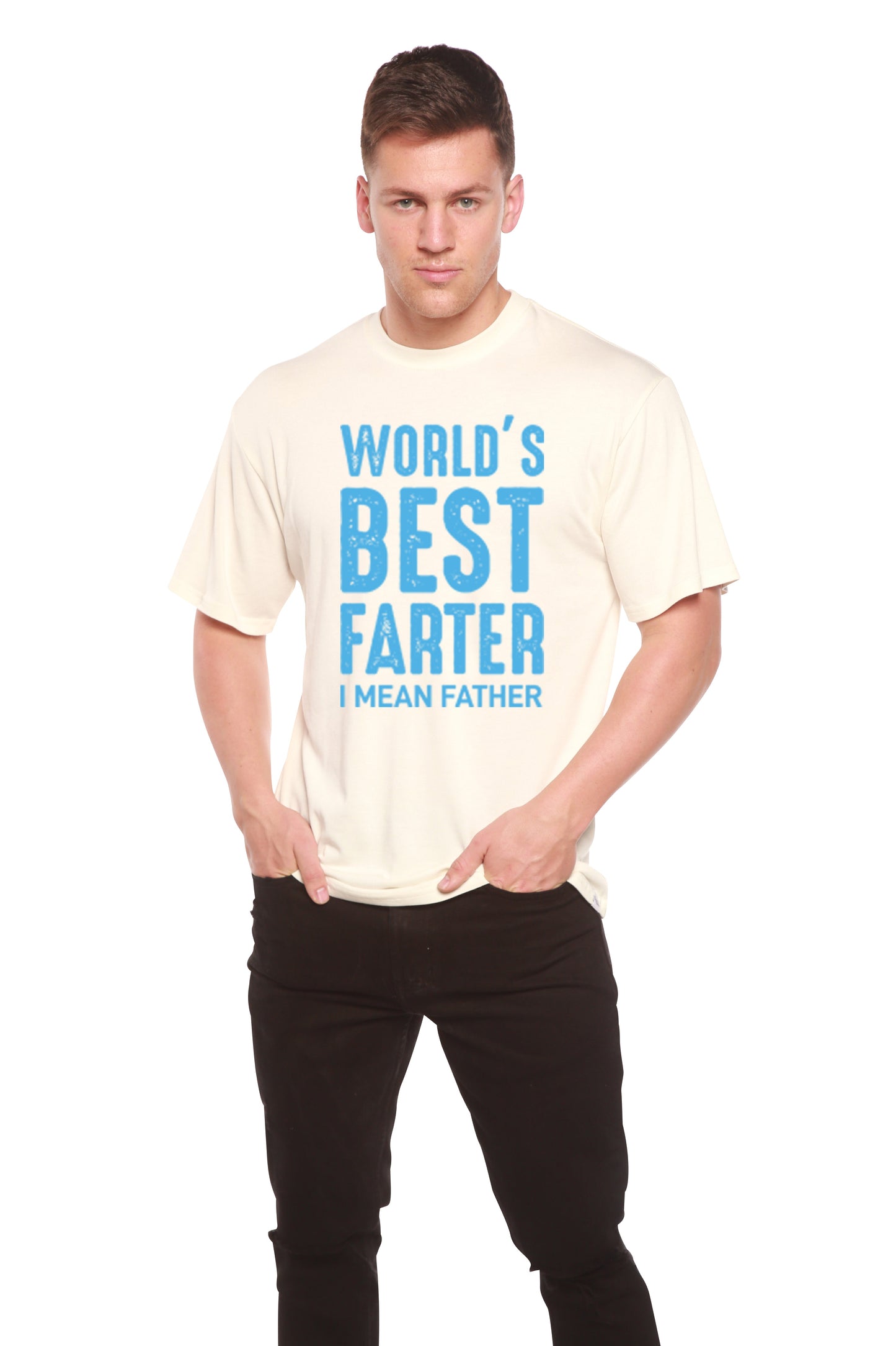 World's Best Farter men's bamboo viscose organic cotton tee with blue graphic text on cream on Tampa Home & Garden Store