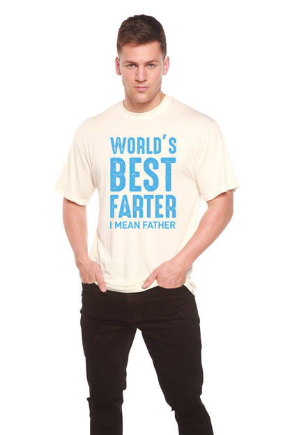World's Best Farter men's bamboo viscose organic cotton tee with blue graphic text on cream on Tampa Home & Garden Store