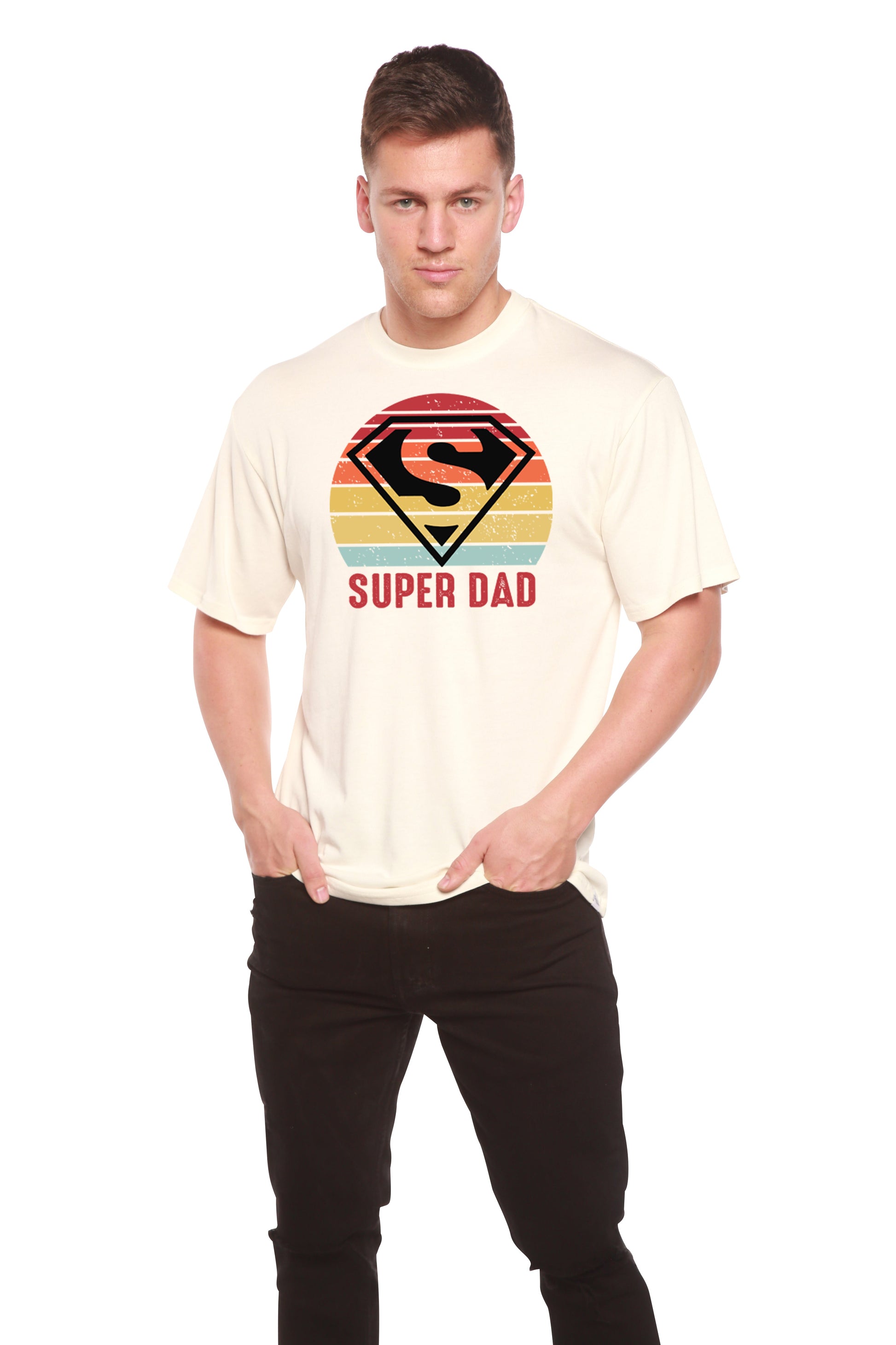 Super Dad bamboo viscose/organic cotton short sleeve graphic tee with rainbow logo on Tampa Home & Garden Store